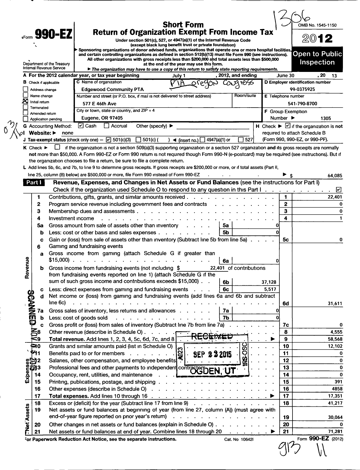 Image of first page of 2012 Form 990EZ for PTA Oregon Congress / Edgewood Community PTA