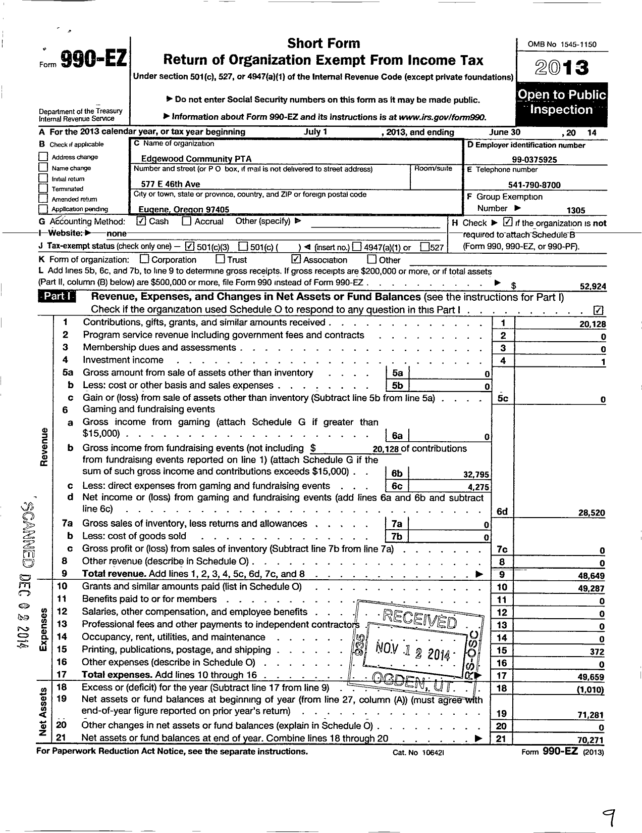 Image of first page of 2013 Form 990EZ for PTA Oregon Congress / Edgewood Community PTA