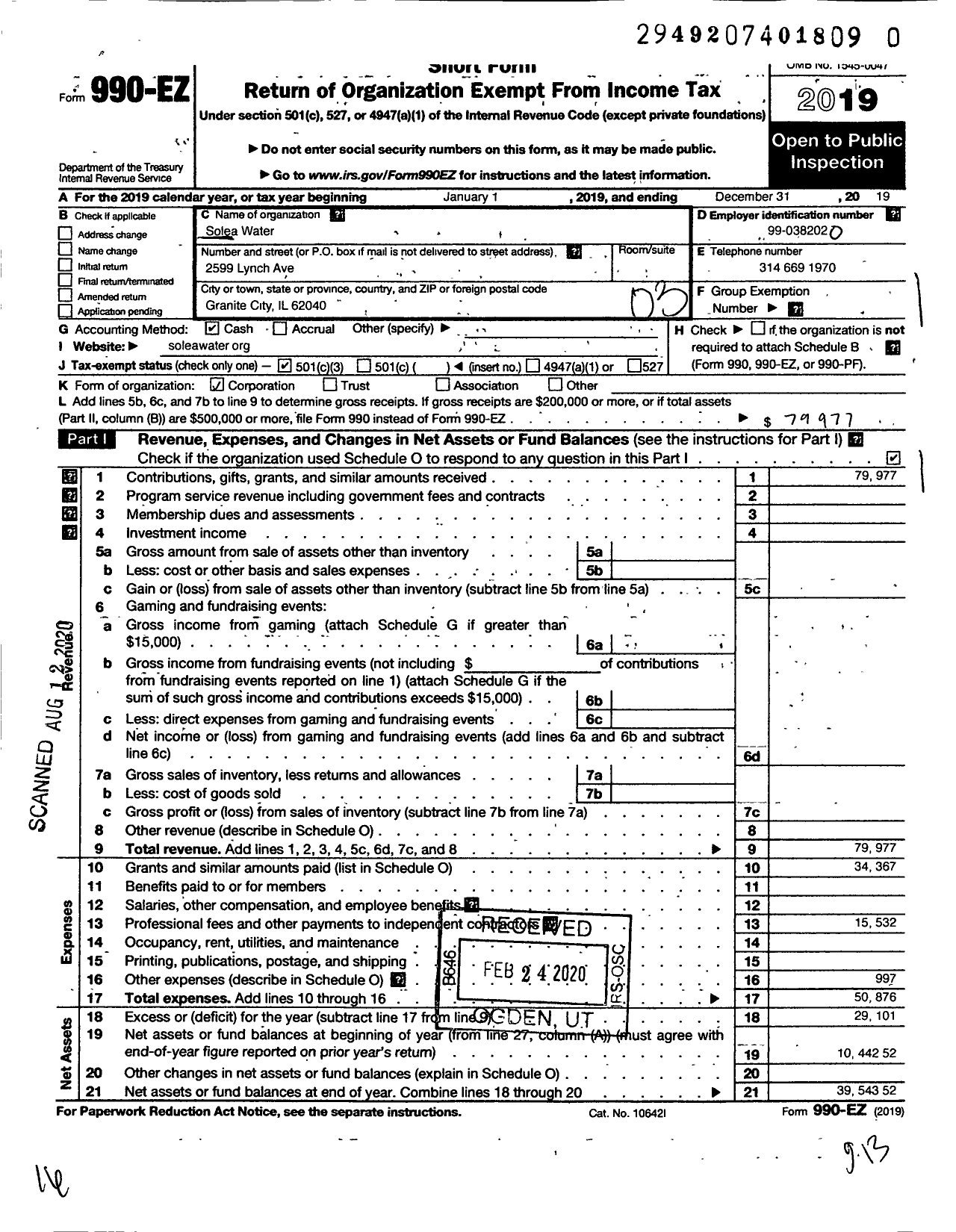 Image of first page of 2019 Form 990EZ for Solea Water