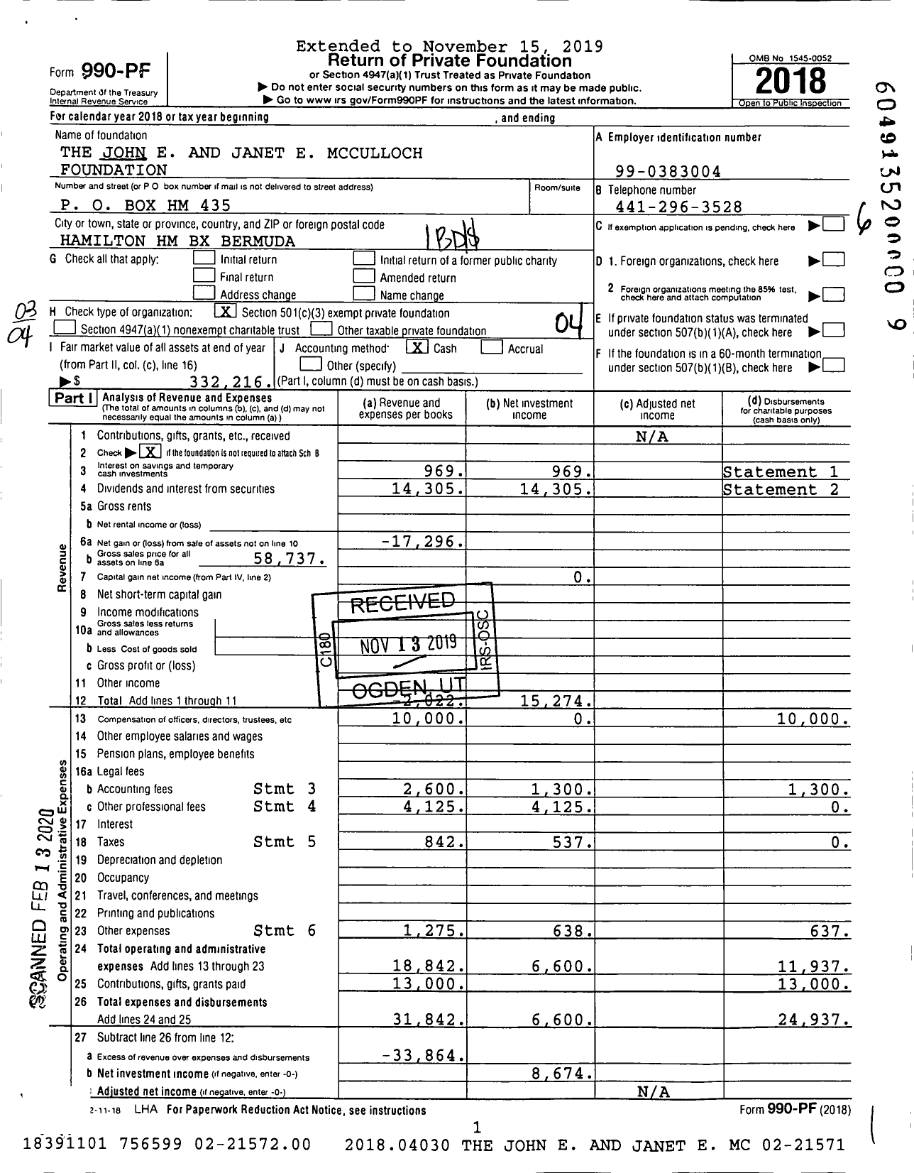 Image of first page of 2018 Form 990PF for The John E and Janet E Mcculloch Foundation