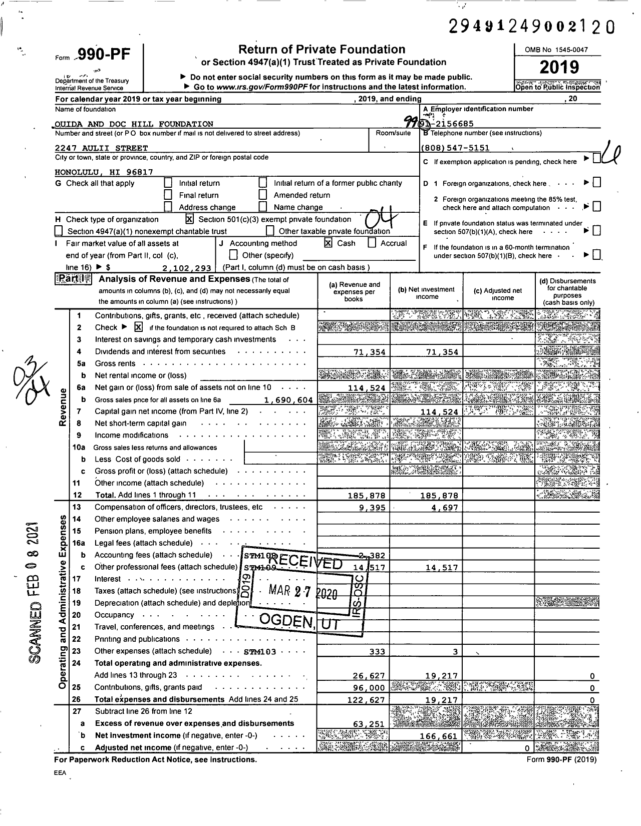 Image of first page of 2019 Form 990PF for Ouida and Doc Hill Foundation