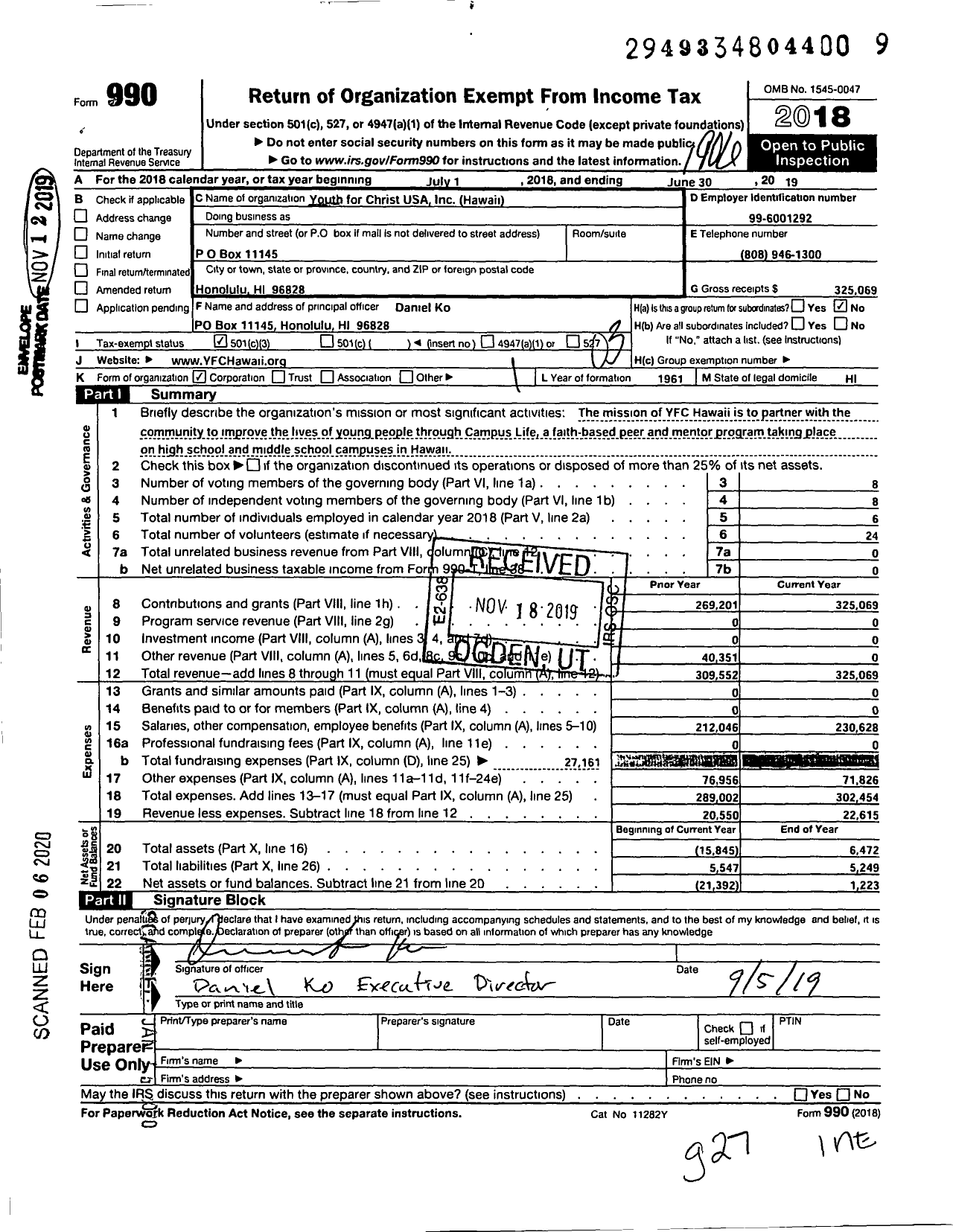 Image of first page of 2018 Form 990 for Youth for Christ - Hawaii