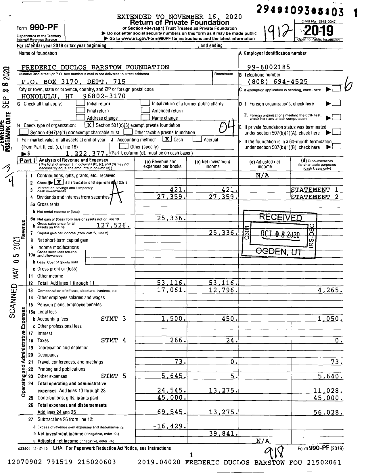 Image of first page of 2019 Form 990PF for Frederic Duclos Barstow Foundation