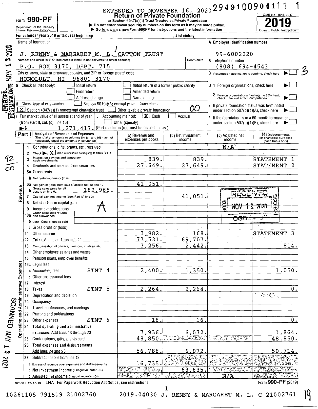 Image of first page of 2019 Form 990PF for J Renny and Margaret M L Catton Trust