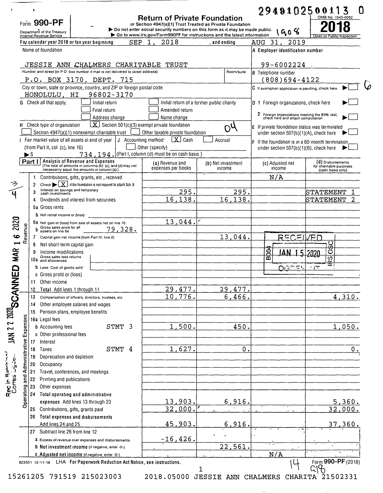 Image of first page of 2018 Form 990PR for Jessie Ann Chalmers Charitable Trust