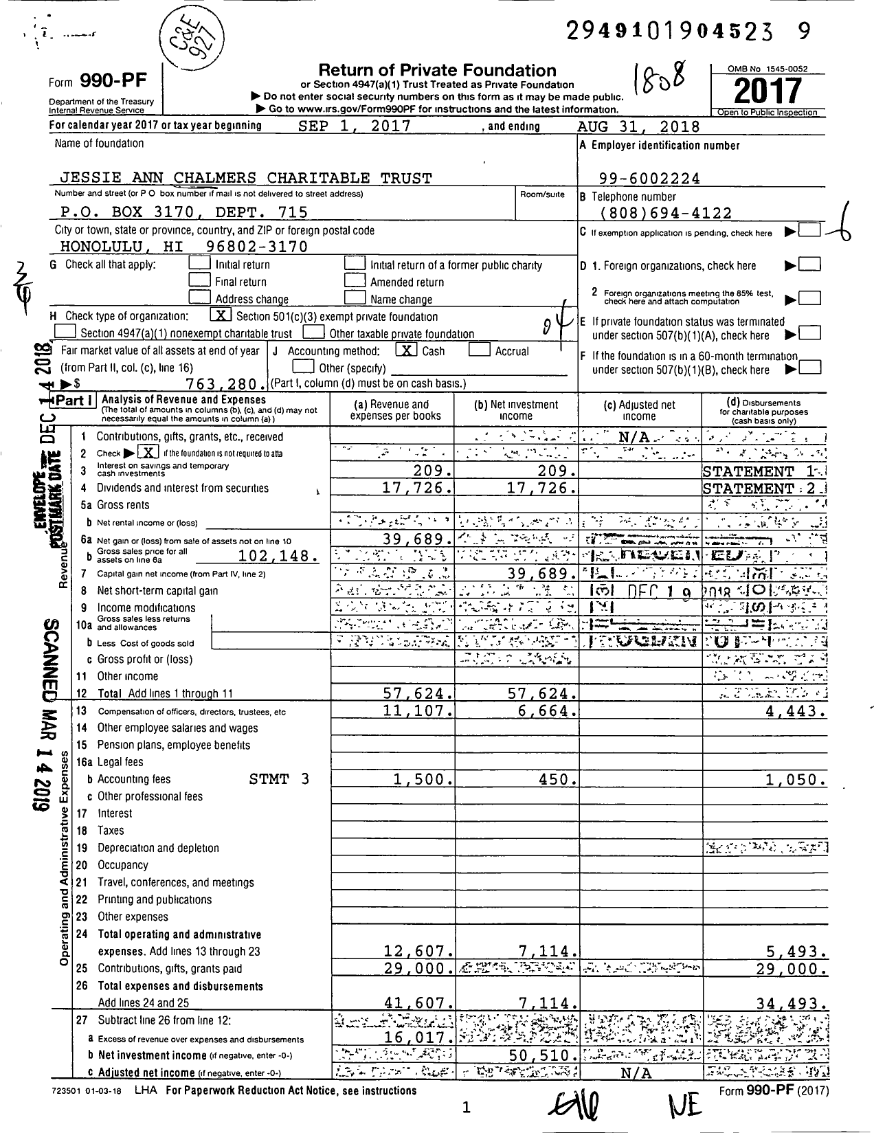 Image of first page of 2017 Form 990PF for Jessie Ann Chalmers Charitable Trust