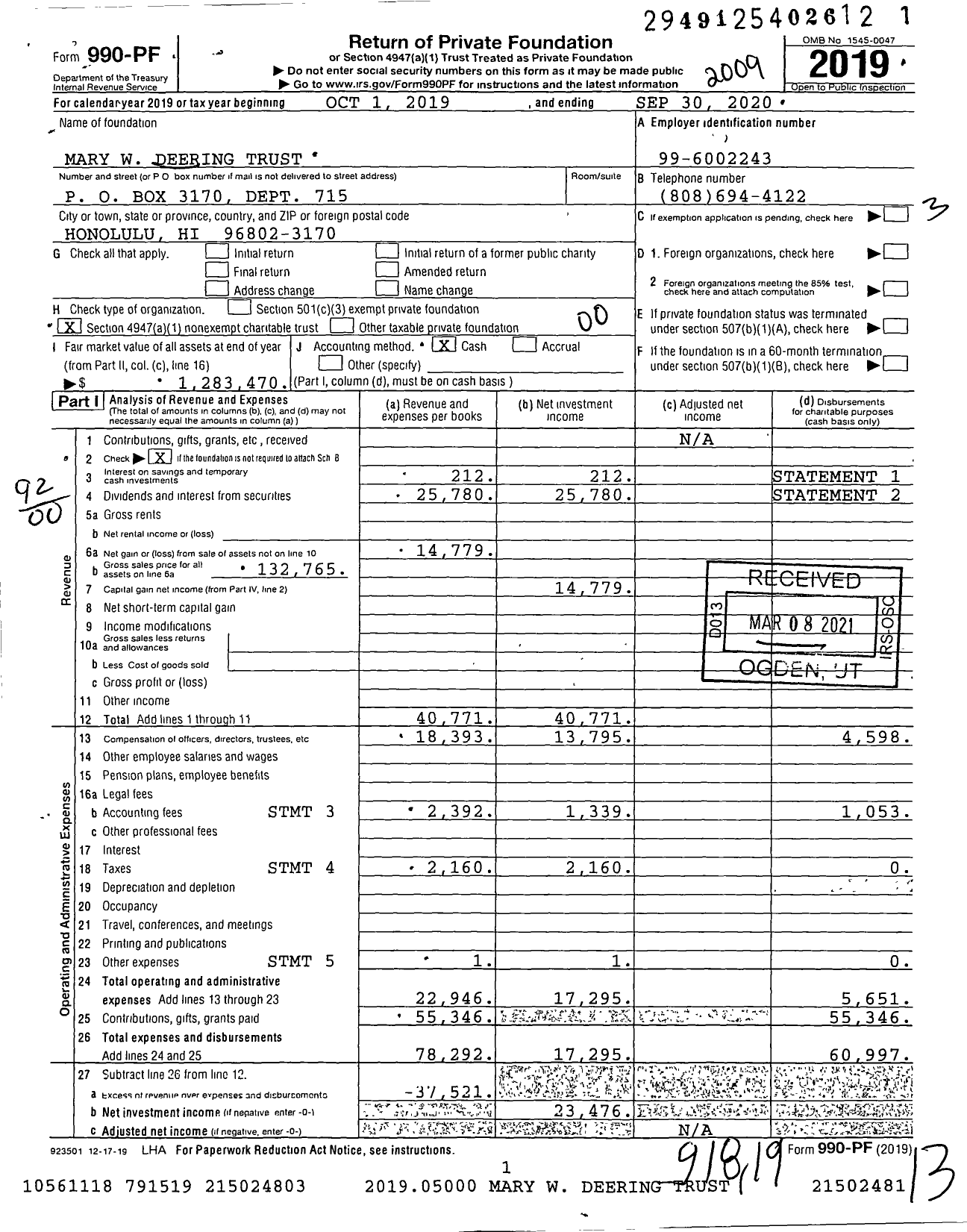 Image of first page of 2019 Form 990PF for Mary W Deering Trust