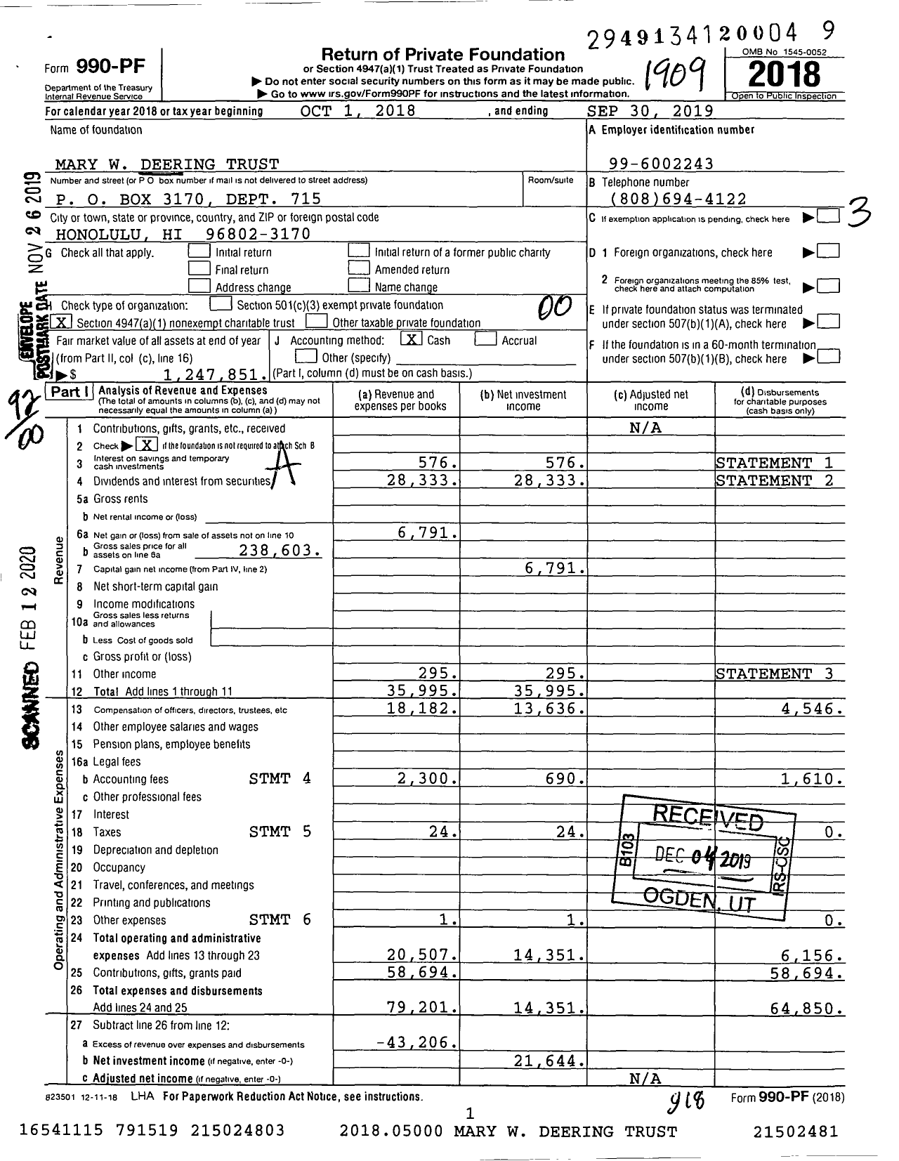 Image of first page of 2018 Form 990PF for Mary W Deering Trust