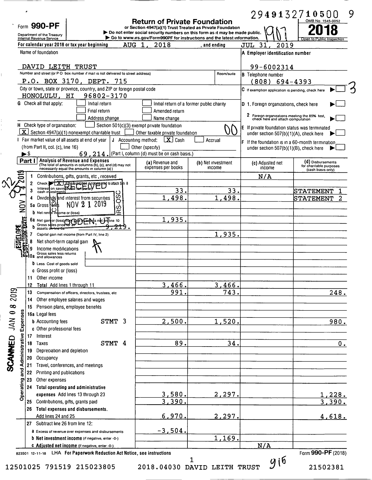 Image of first page of 2018 Form 990PF for David Leith Trust