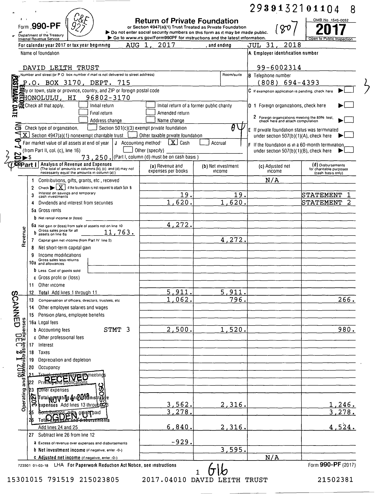 Image of first page of 2017 Form 990PF for David Leith Trust