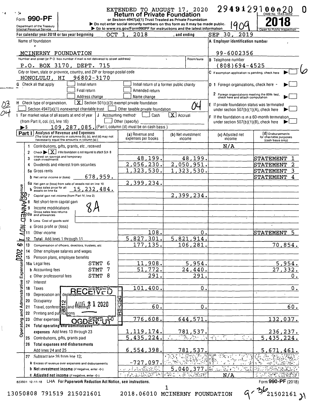 Image of first page of 2018 Form 990PF for Mcinerny Foundation