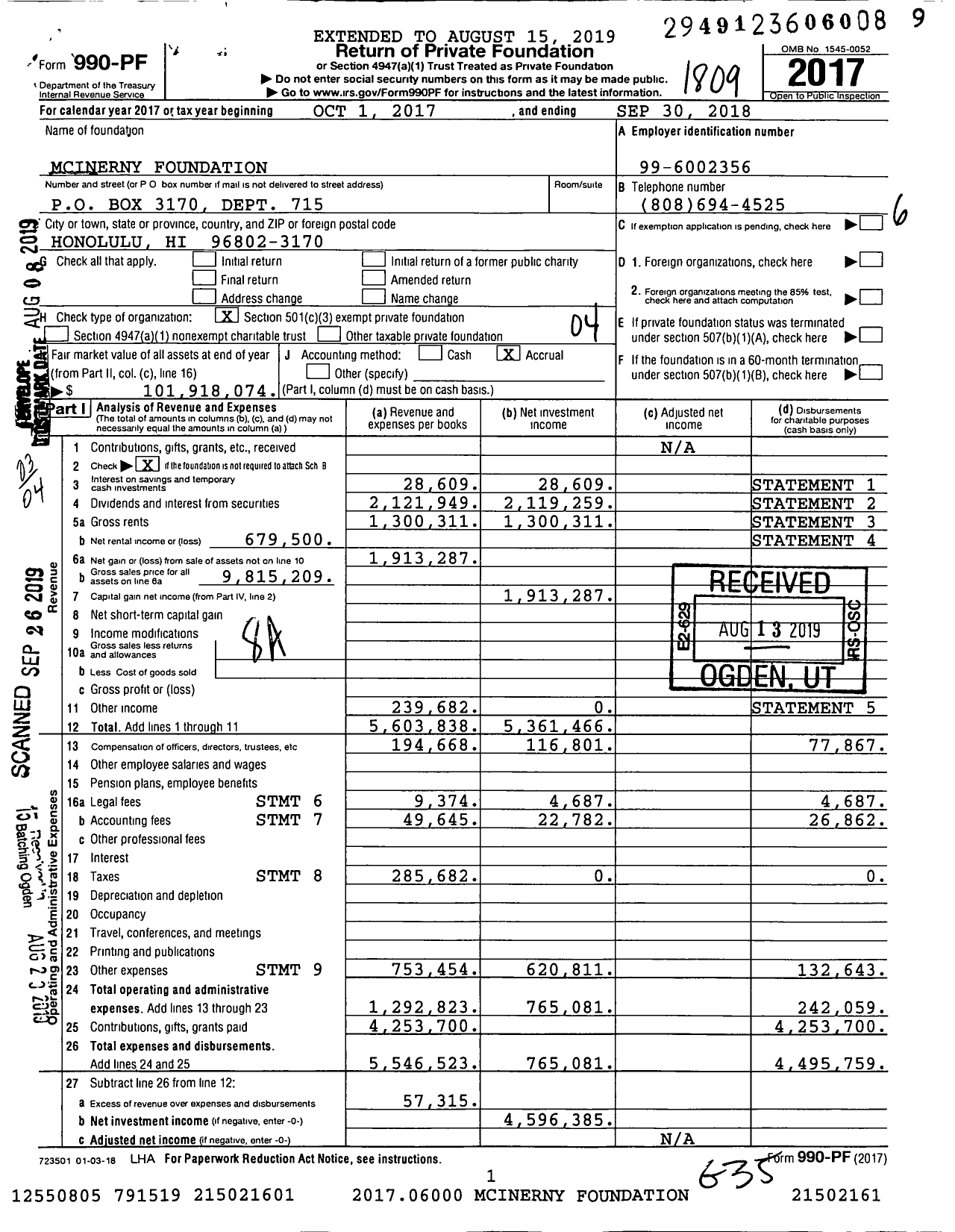 Image of first page of 2017 Form 990PF for Mcinerny Foundation