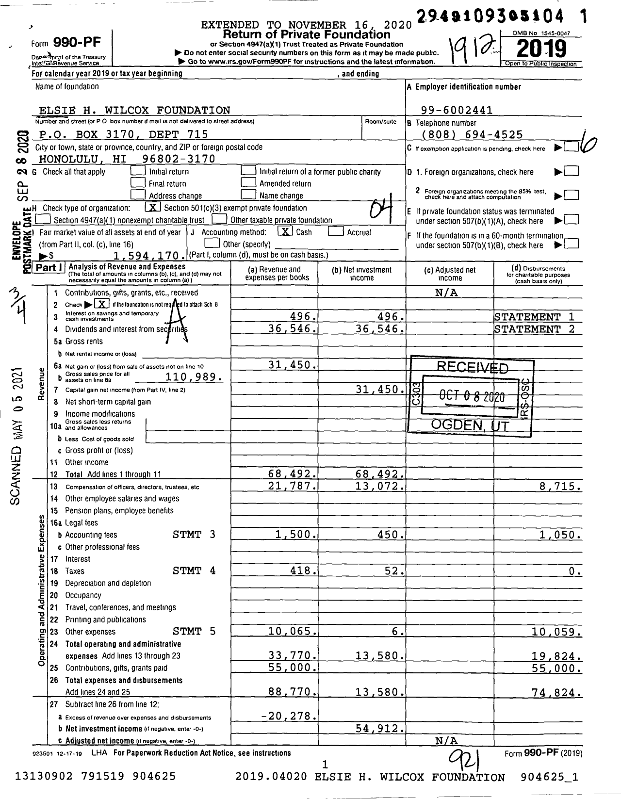 Image of first page of 2019 Form 990PF for Elsie Wilcox Foundation