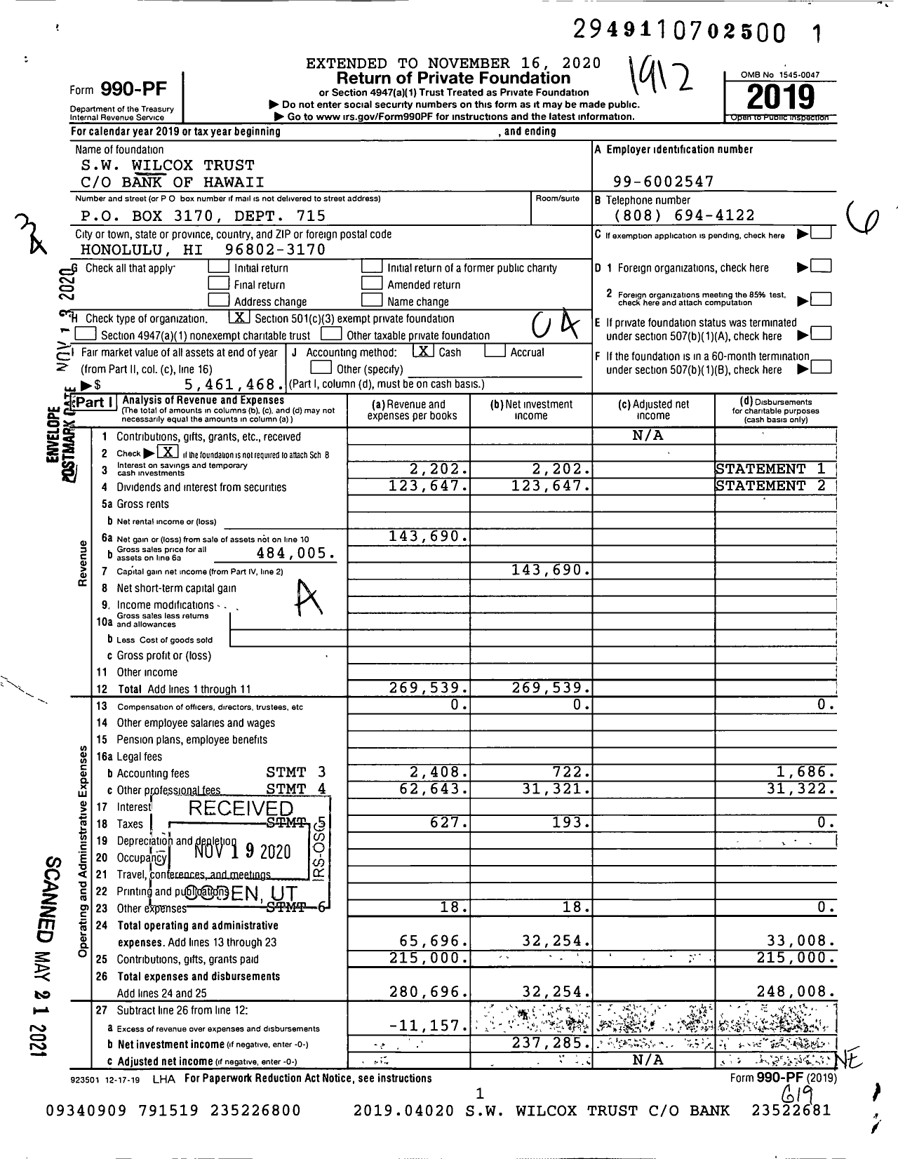 Image of first page of 2019 Form 990PF for SW Wilcox Trust