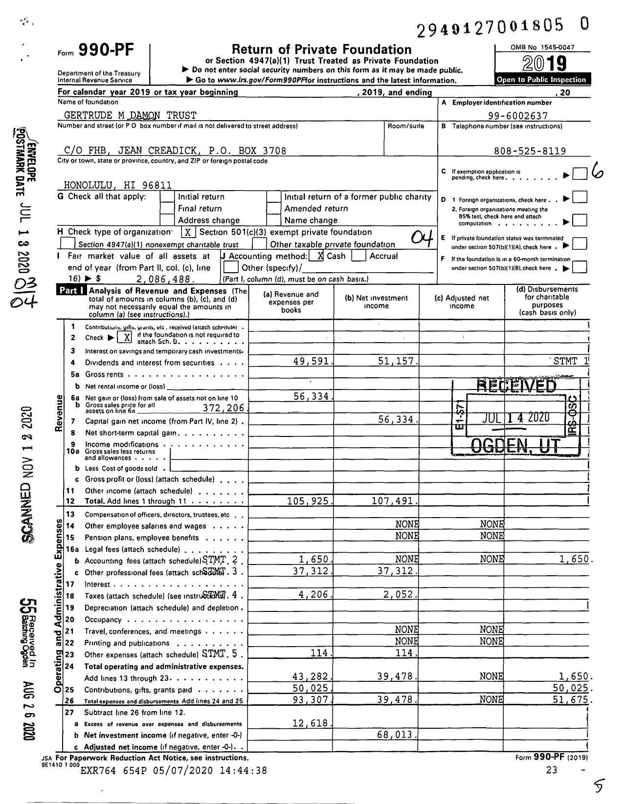 Image of first page of 2019 Form 990PF for Gertrude M Damon Trust