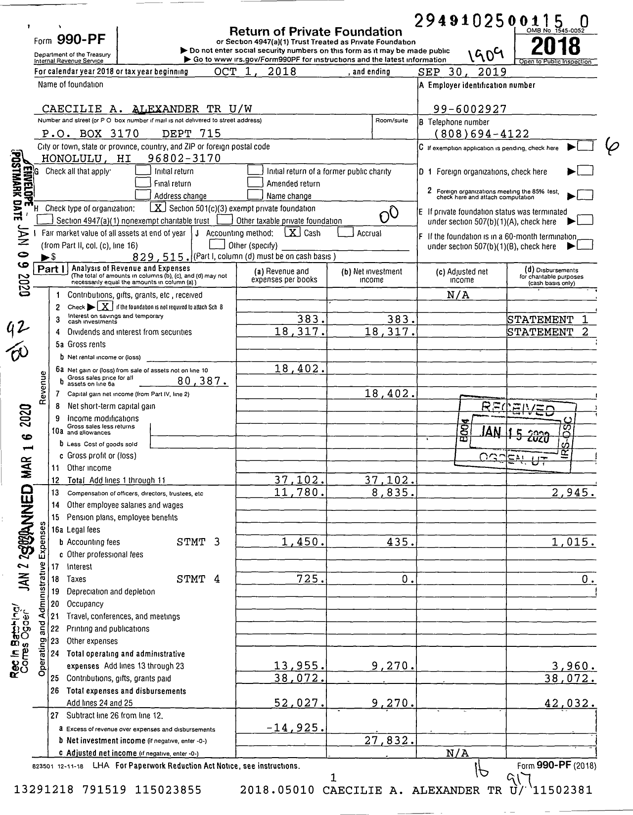 Image of first page of 2018 Form 990PR for Caecilie R Alexander Trust