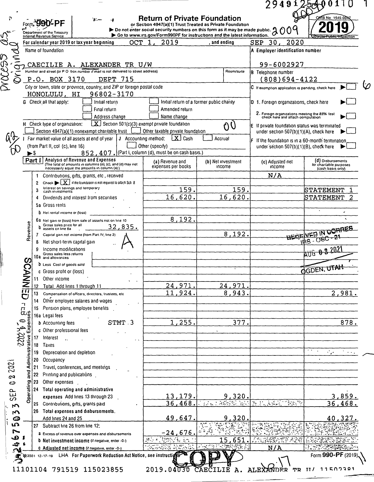 Image of first page of 2019 Form 990PF for Caecilie R Alexander Trust