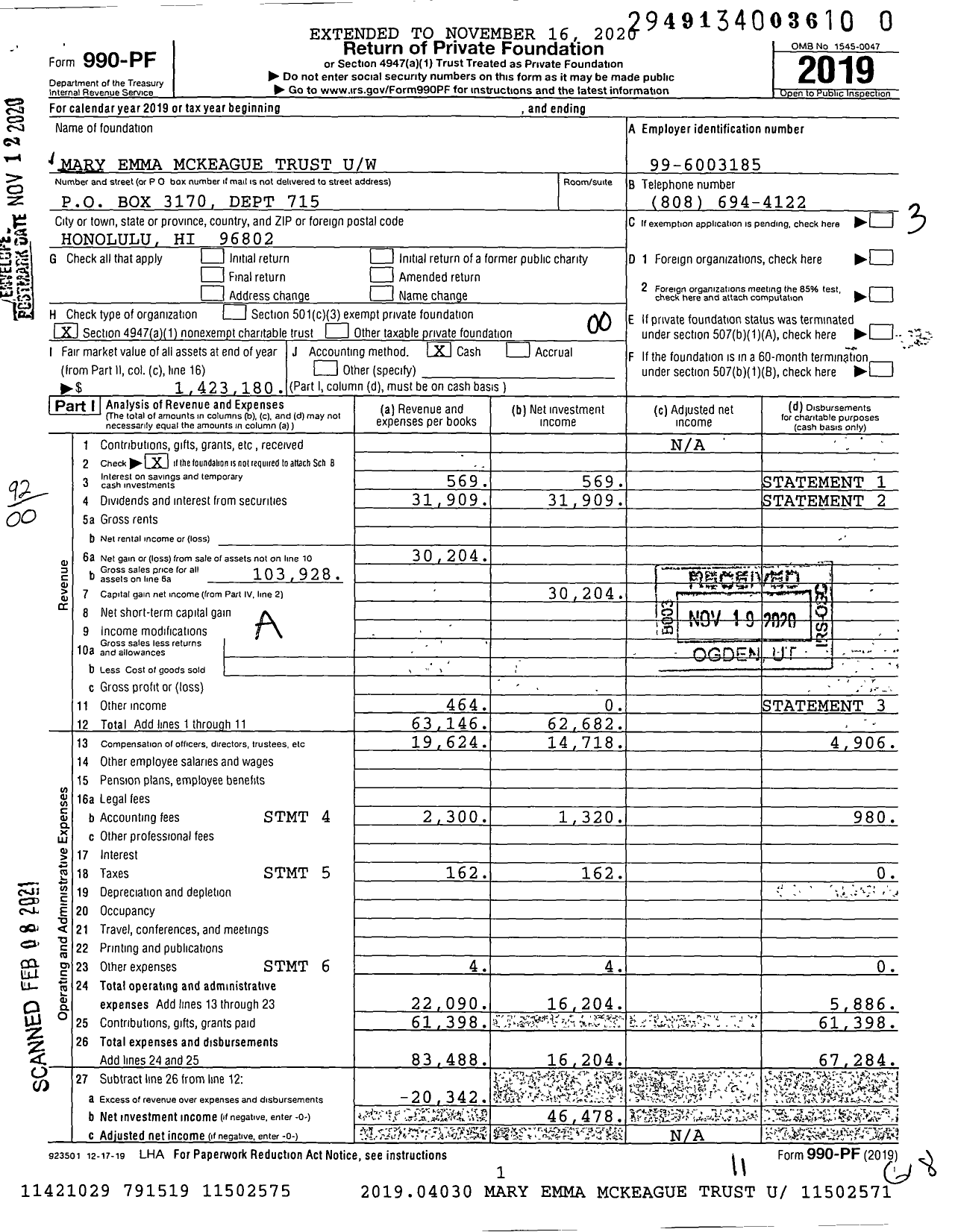 Image of first page of 2019 Form 990PF for Mary Emma Mckeague Trust Uw