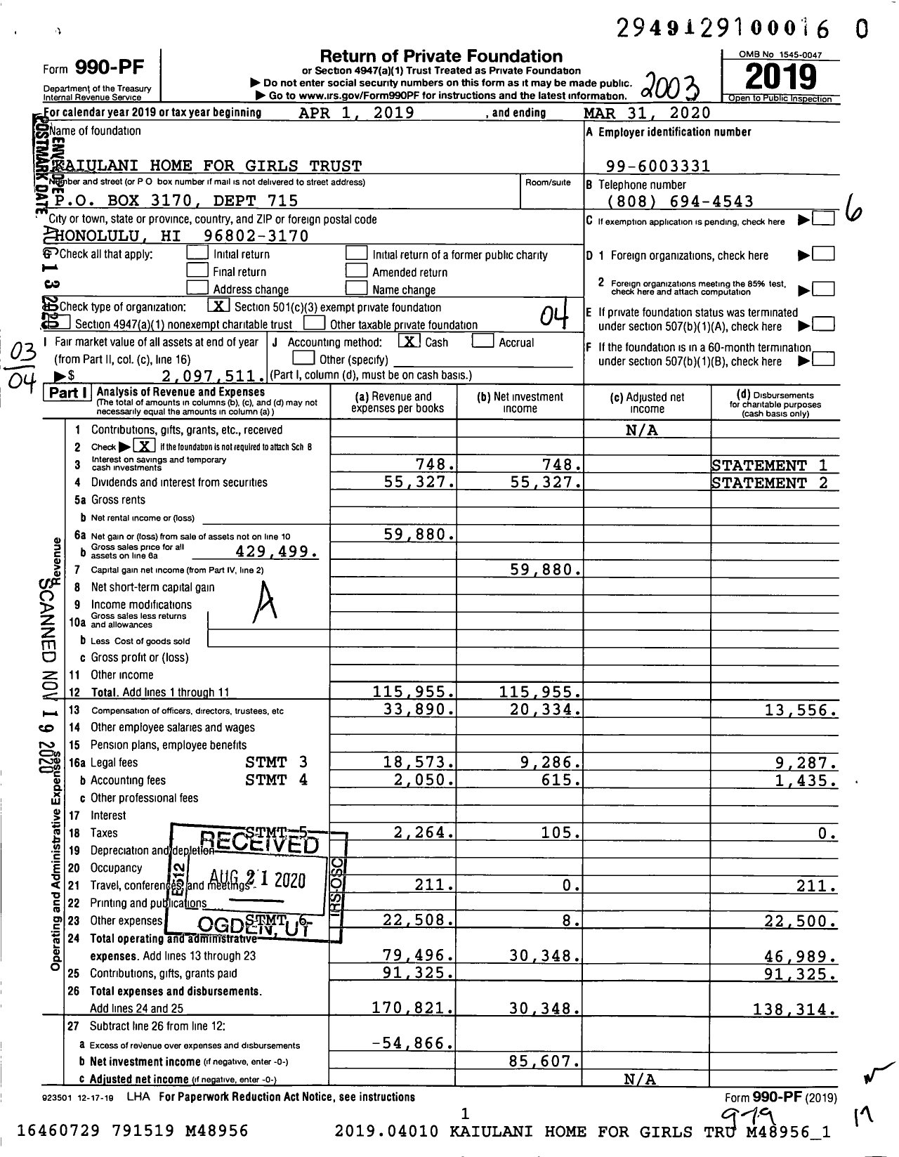 Image of first page of 2019 Form 990PF for Kaiulani Home for Girls Trust