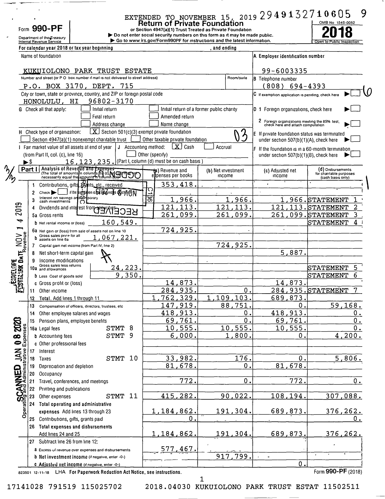 Image of first page of 2018 Form 990PF for Kukuiolono Park Trust Estate