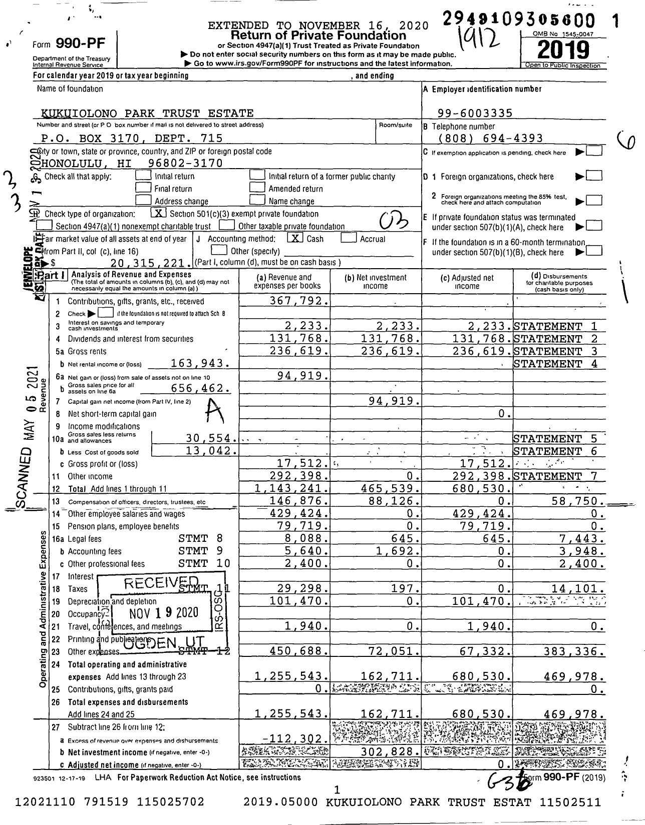 Image of first page of 2019 Form 990PF for Kukuiolono Park Trust Estate