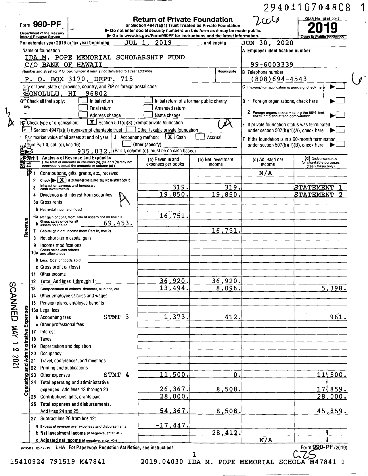 Image of first page of 2019 Form 990PF for Ida M Pope Memorial Scholarship Fund