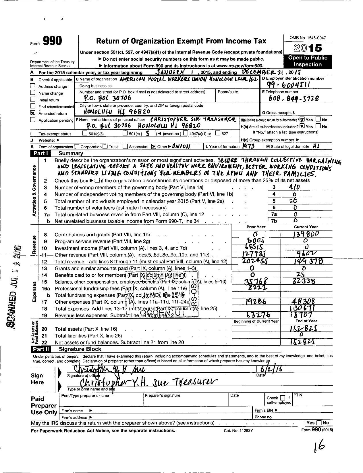 Image of first page of 2015 Form 990O for American Postal Workers Union Honolulu Local 162