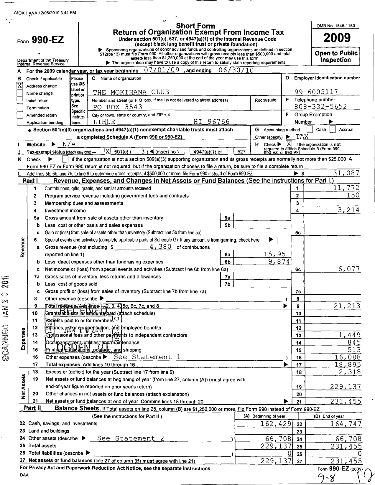 Image of first page of 2009 Form 990EZ for Mokihana Club