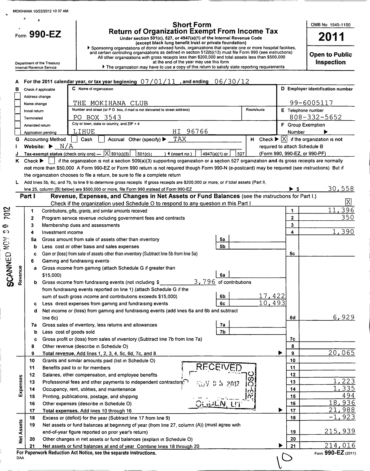 Image of first page of 2011 Form 990EZ for Mokihana Club