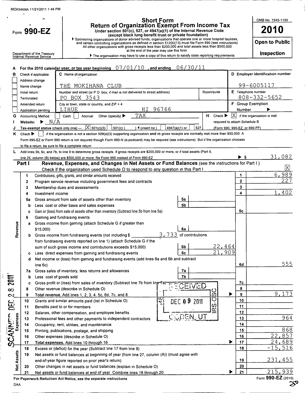 Image of first page of 2010 Form 990EZ for Mokihana Club