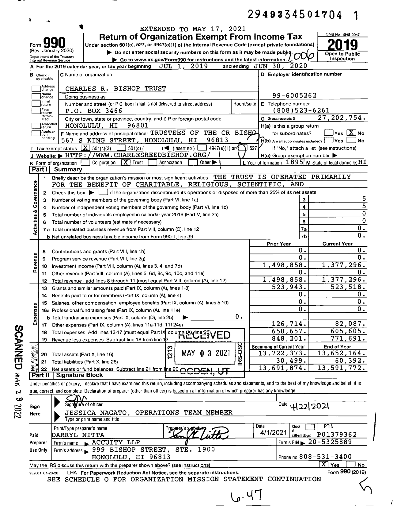 Image of first page of 2019 Form 990 for Charles R Bishop Trust