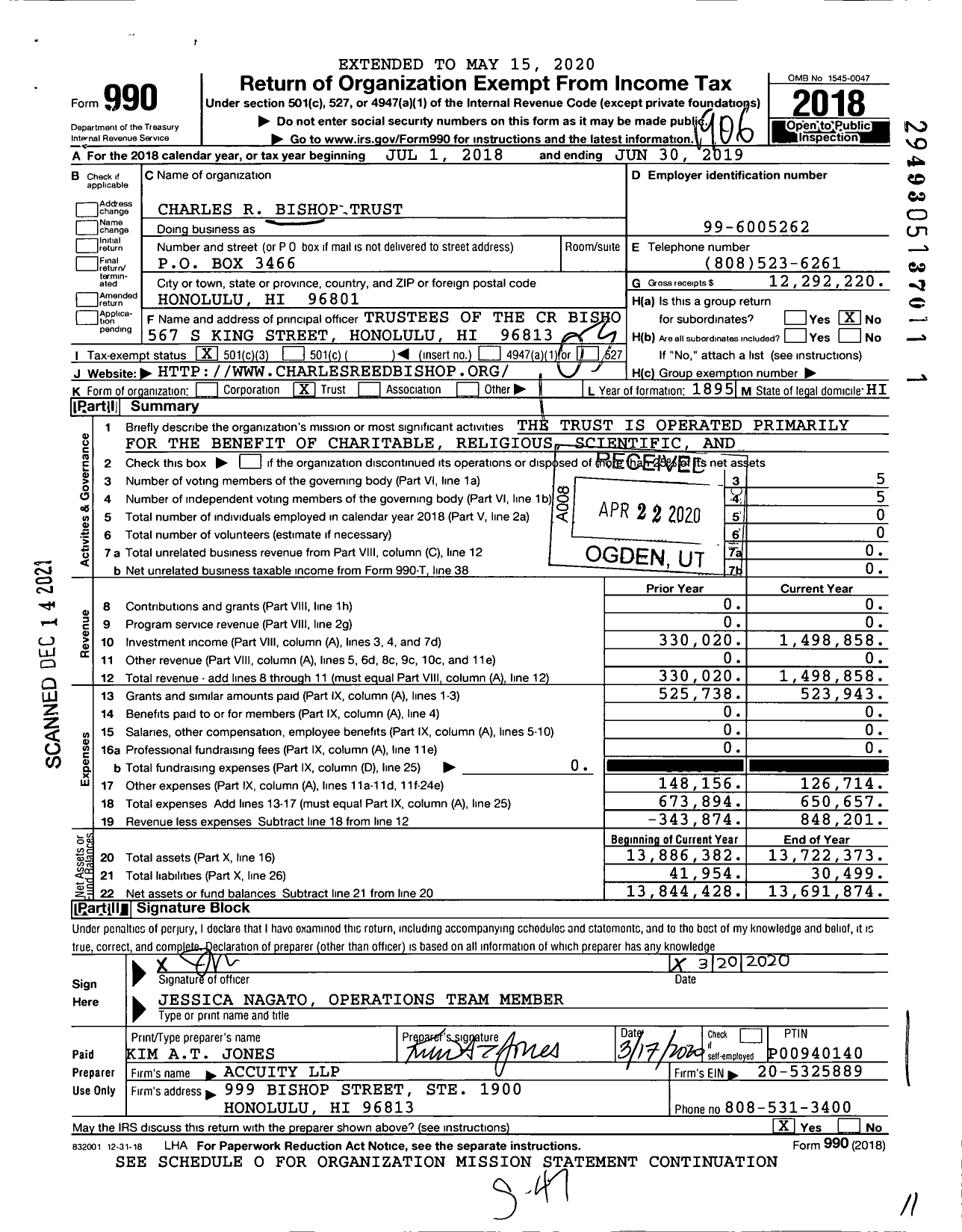 Image of first page of 2018 Form 990 for Charles R Bishop Trust