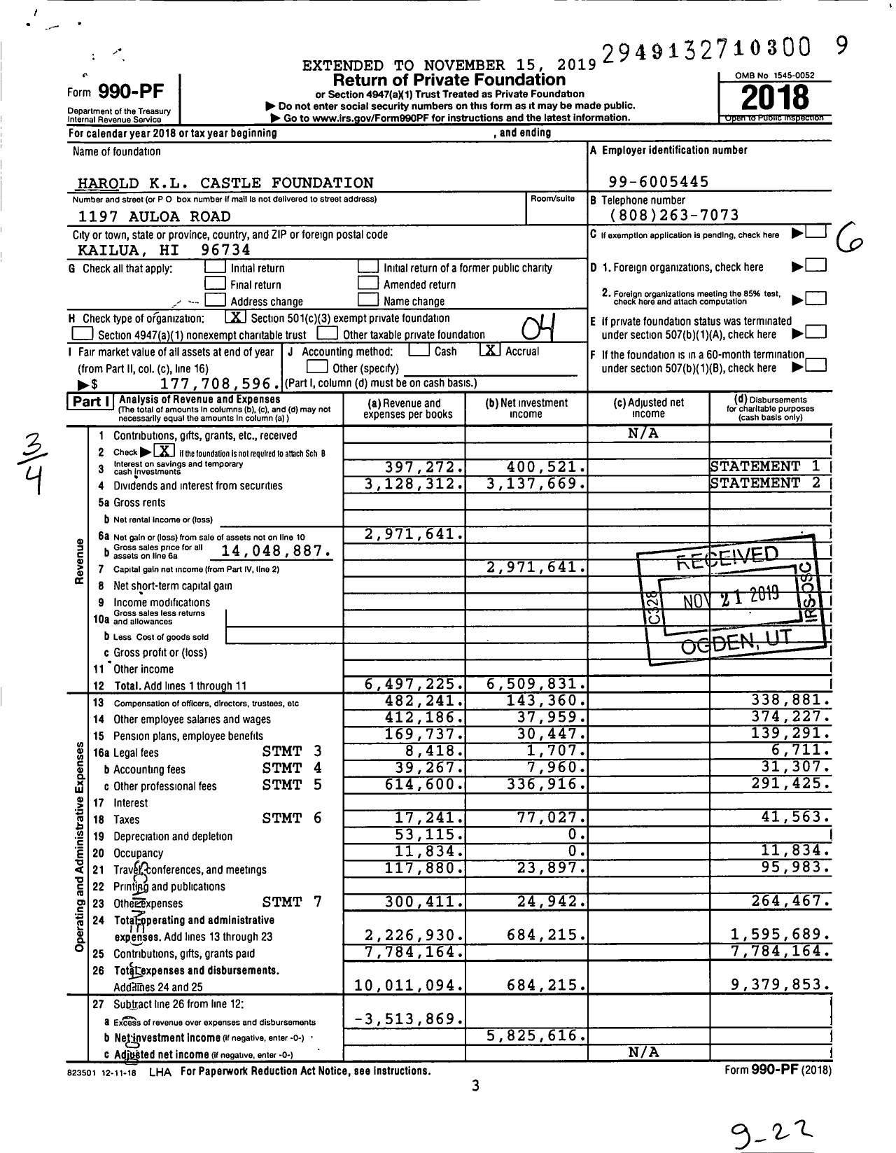 Image of first page of 2018 Form 990PF for Harold K.L. Castle Foundation