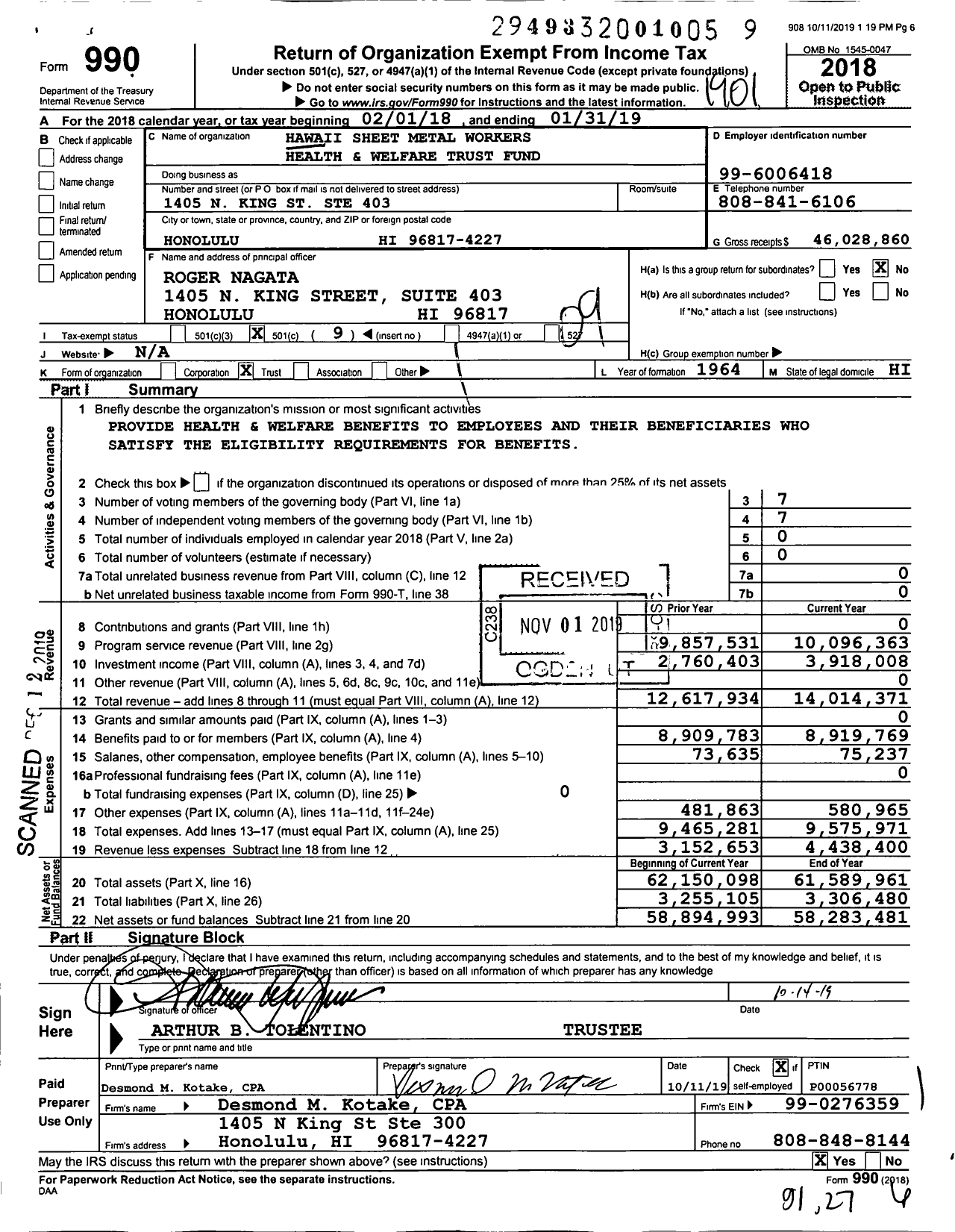 Image of first page of 2018 Form 990O for Hawaii Sheetmetal Workers Health and Welfare Trust Fund