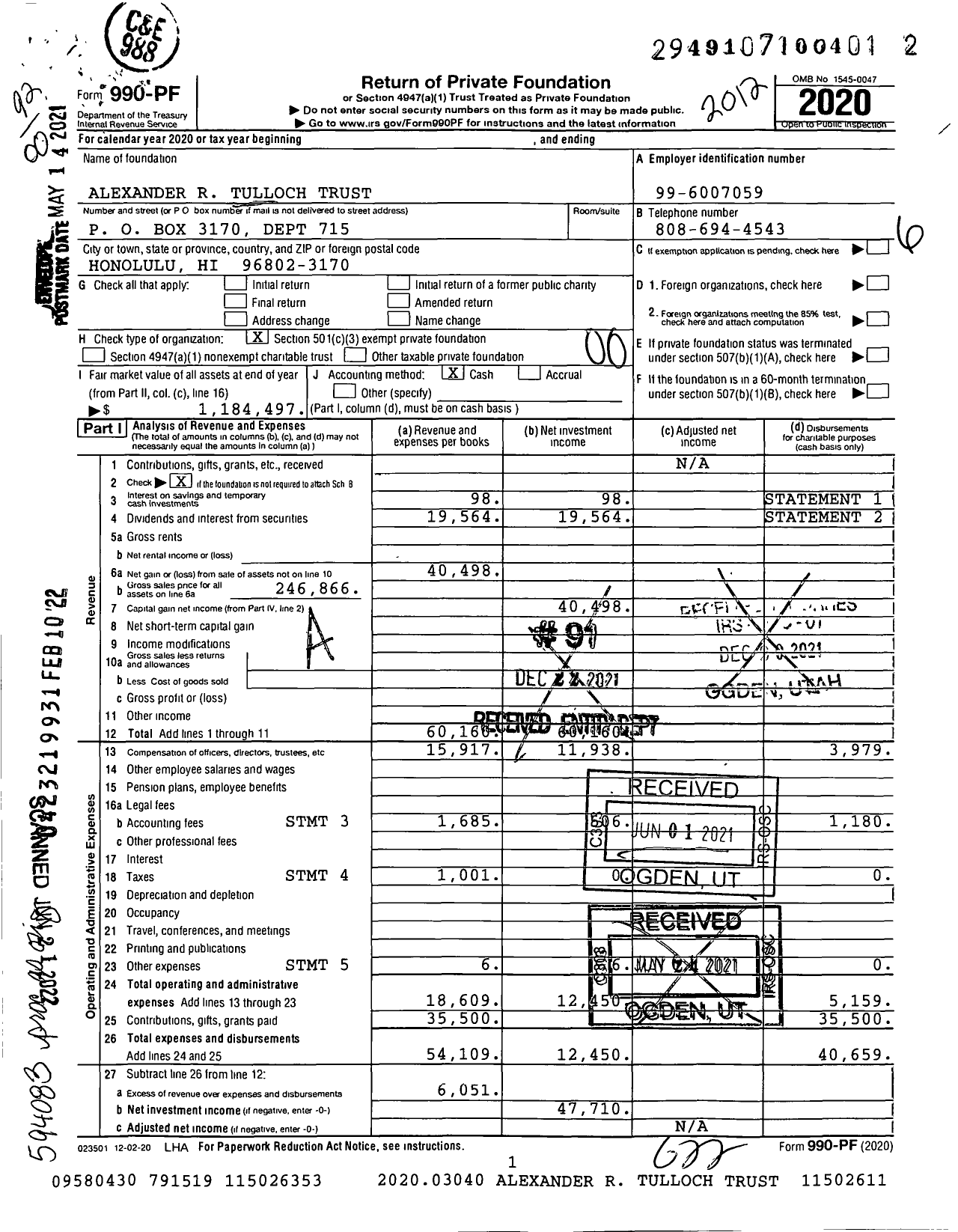 Image of first page of 2020 Form 990PF for Alexander Russell Tulloch Trust