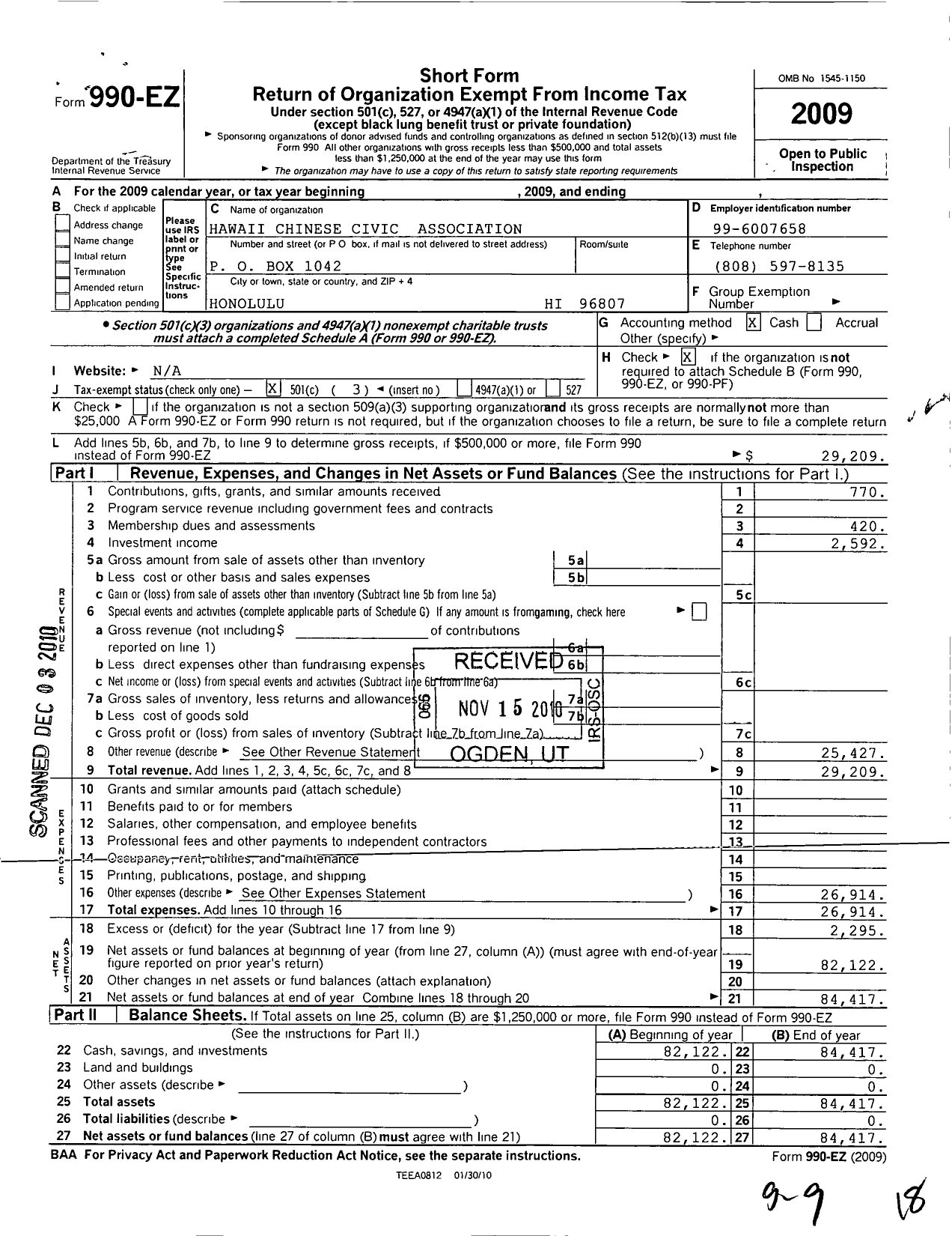 Image of first page of 2009 Form 990EZ for Hawaii Chinese Civic Association