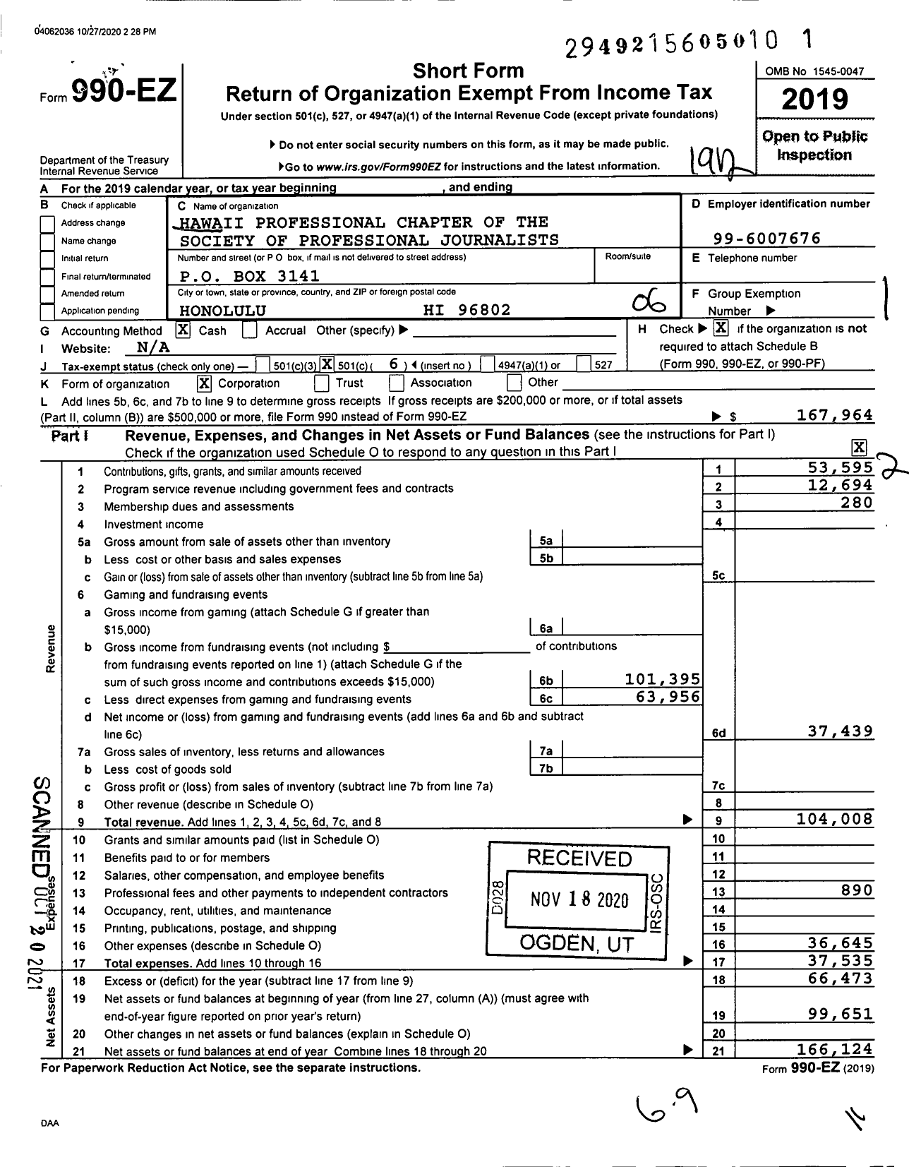 Image of first page of 2019 Form 990EO for Hawaii Professional Chapter of the Society of Professional Journalists