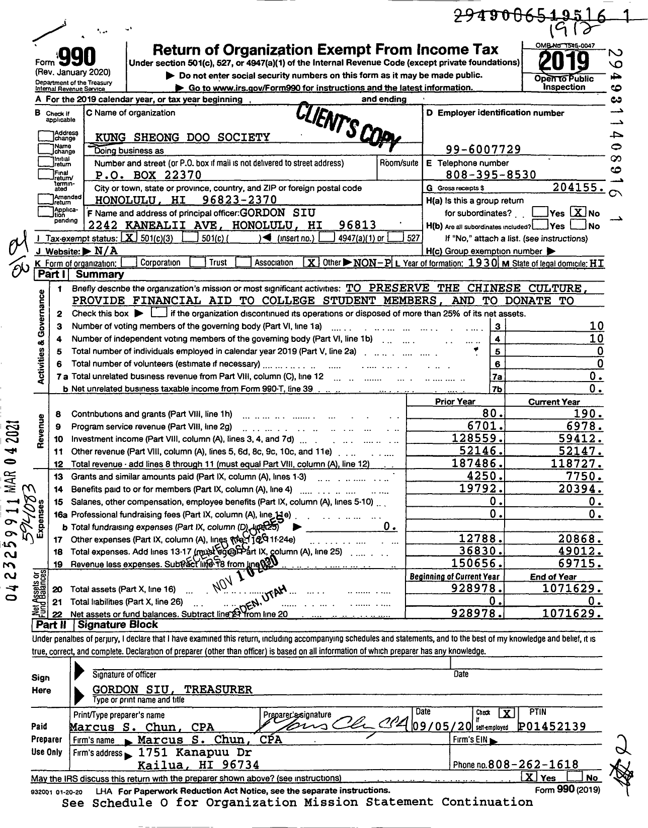 Image of first page of 2019 Form 990O for Kung Sheong Doo Society
