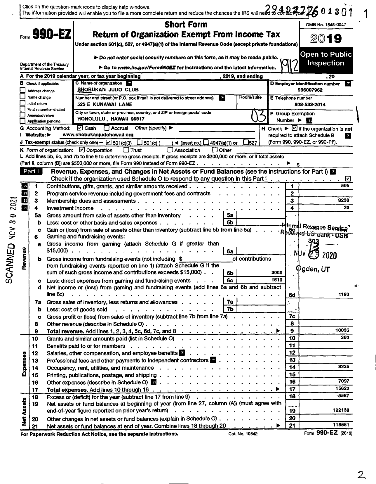 Image of first page of 2019 Form 990EZ for Shobukan Judo Club