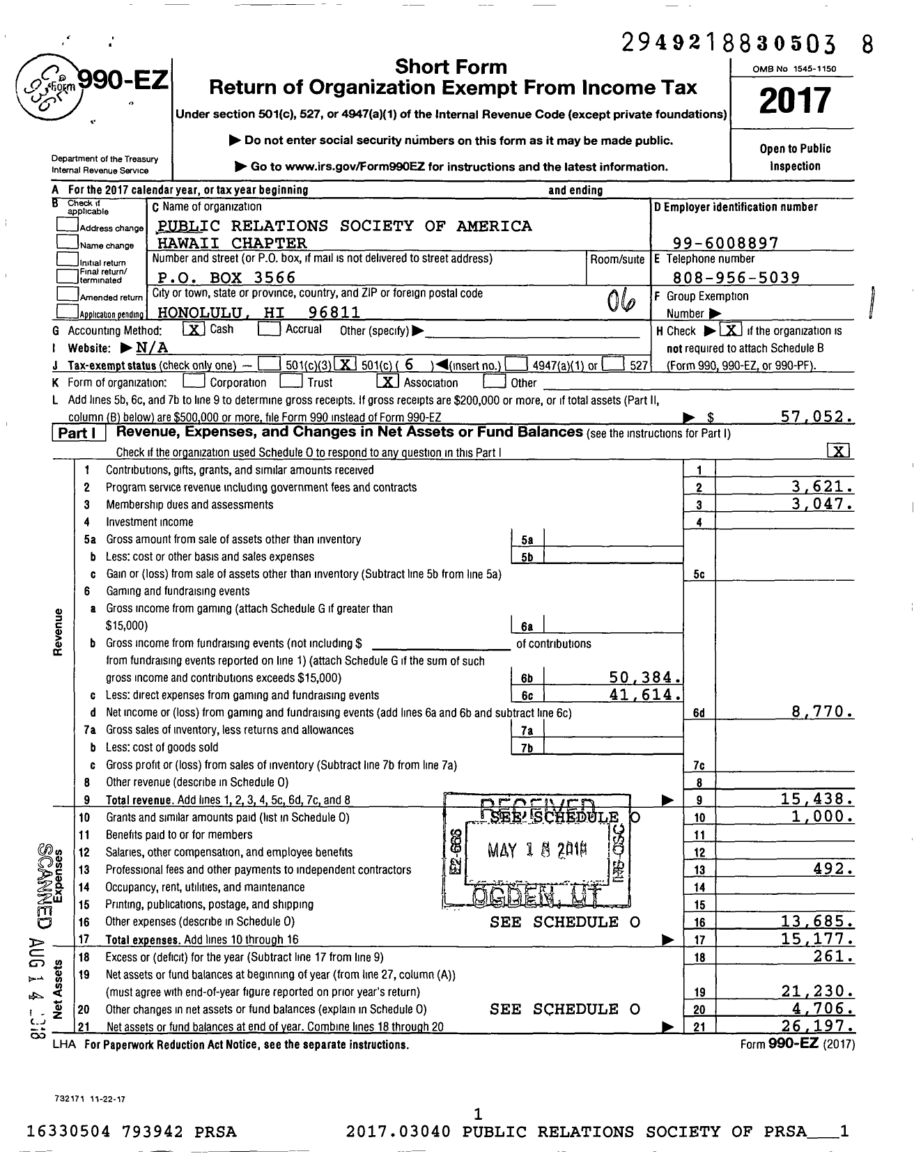 Image of first page of 2017 Form 990EO for Public Relations Society of America Hawaii Chapter