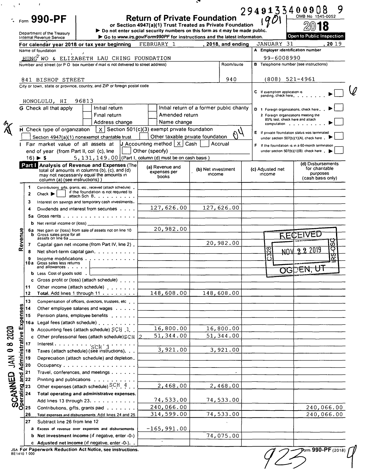 Image of first page of 2018 Form 990PF for Hung Wo and Elizabeth Lau Ching Foundation