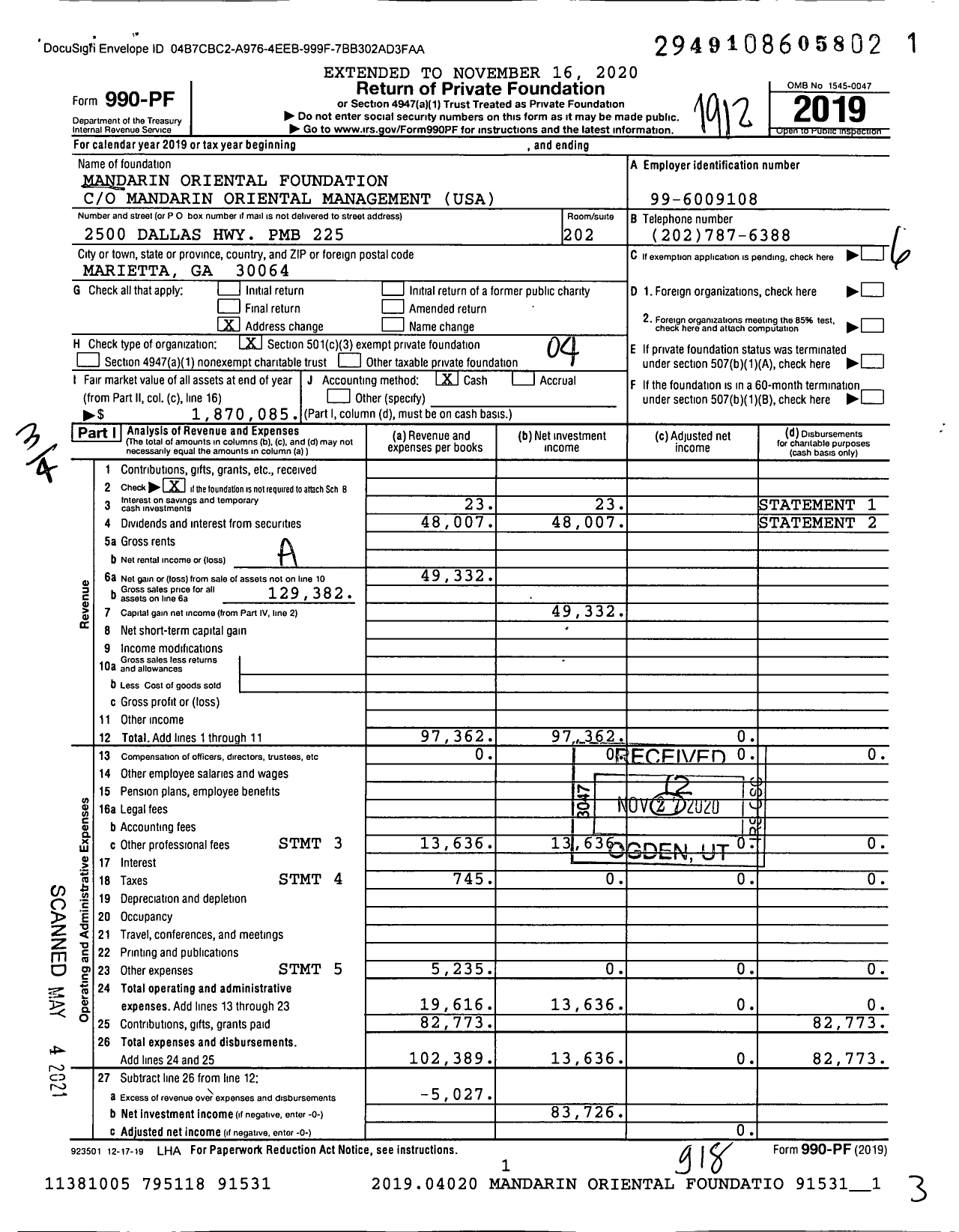 Image of first page of 2019 Form 990PF for Mandarin Oriental Foundation