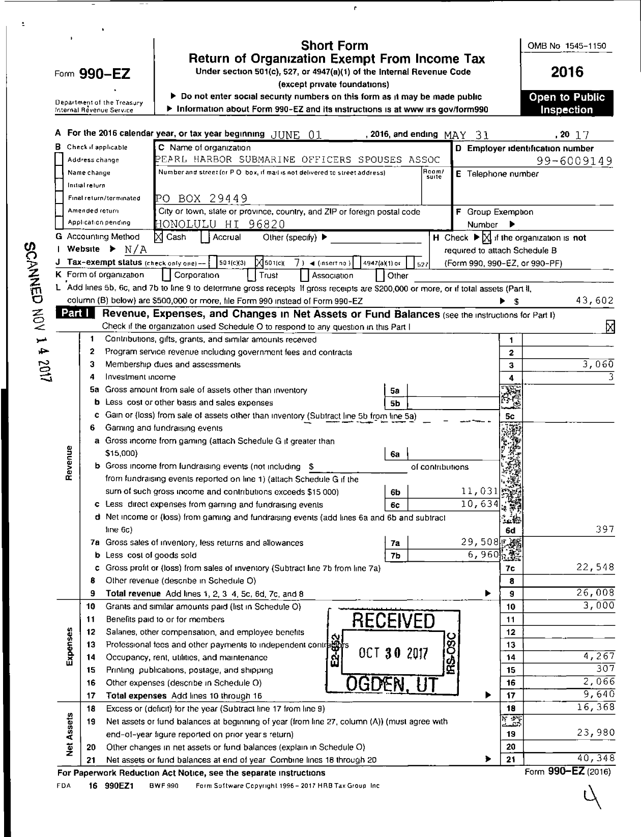 Image of first page of 2016 Form 990EO for Pearl Harbor Submarine Officers Spouses Association