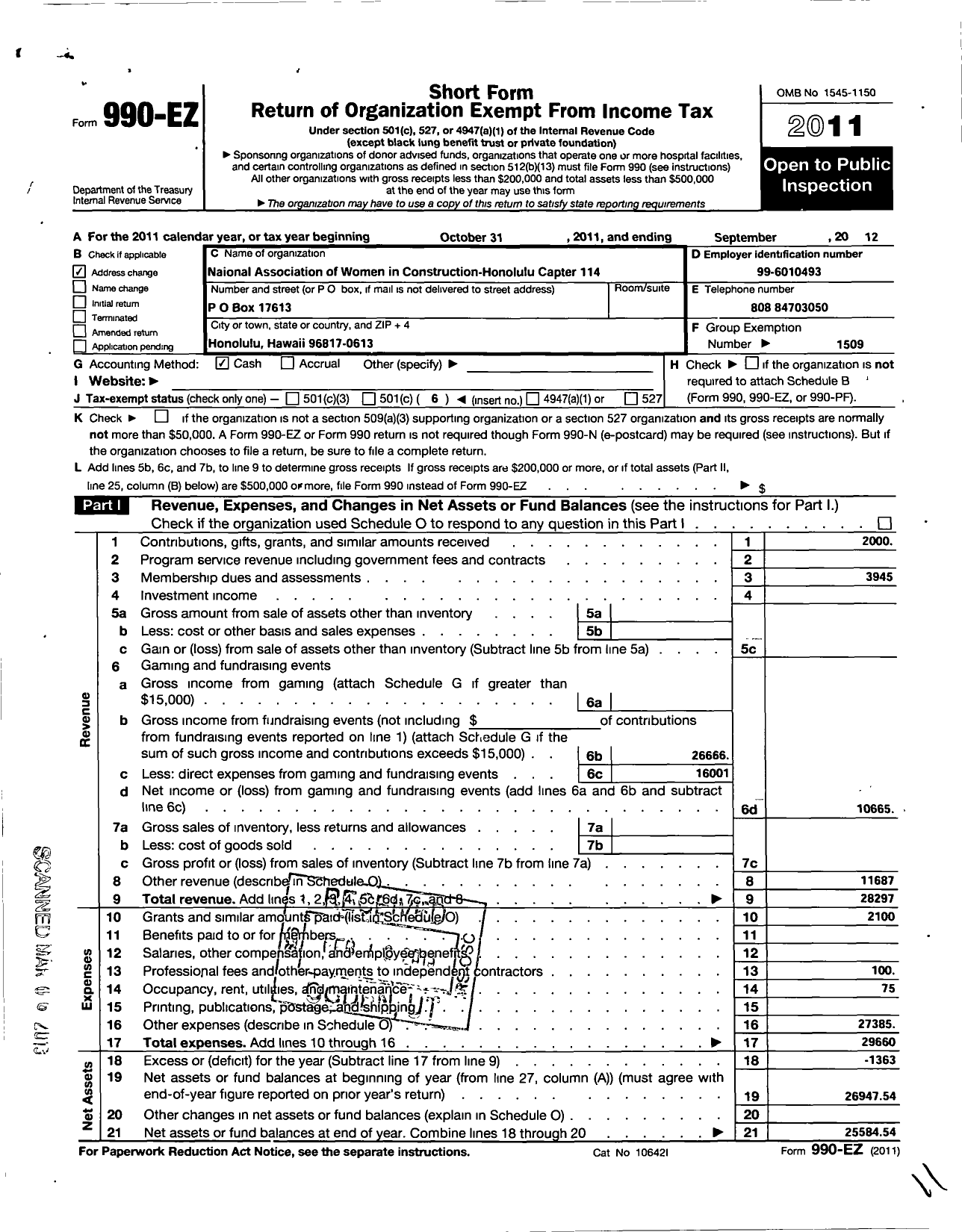 Image of first page of 2011 Form 990EO for National Association of Women in Construction - 114 Honolulu