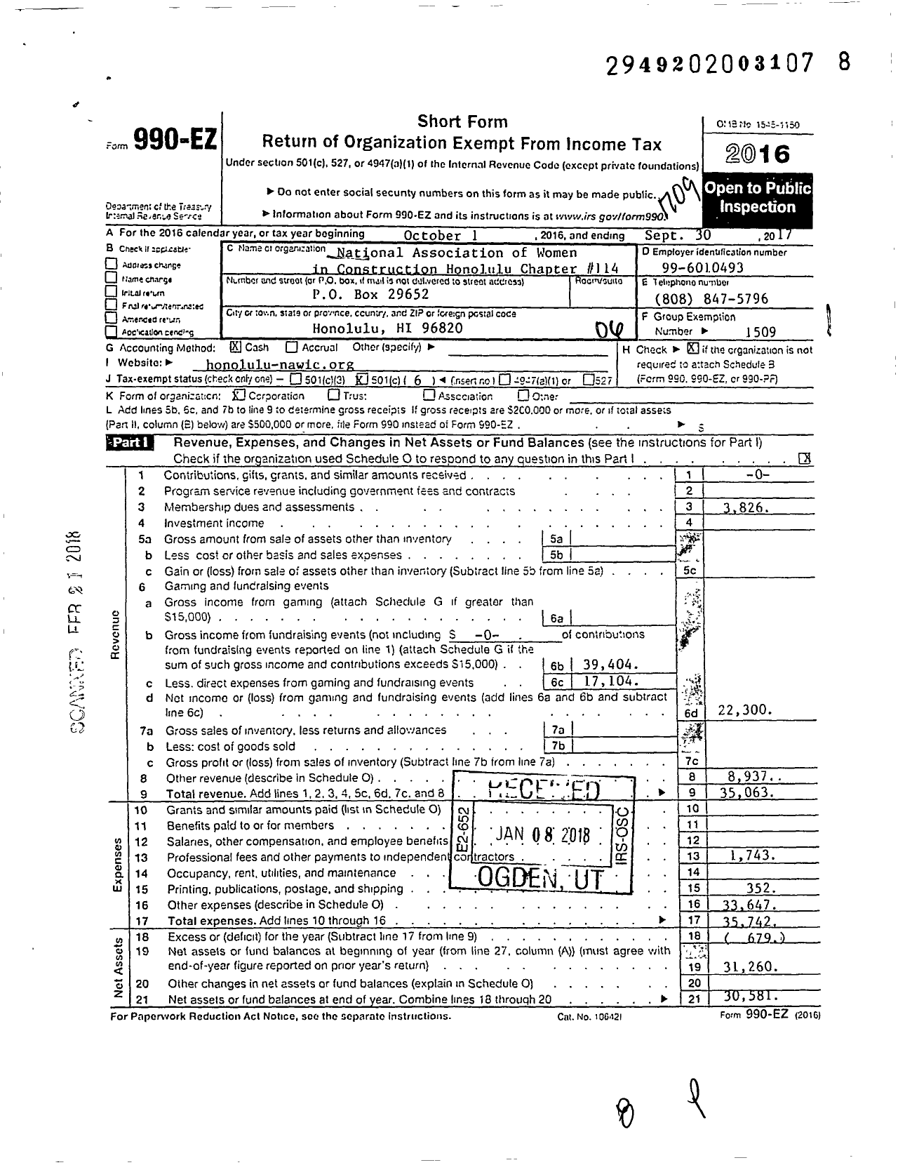 Image of first page of 2016 Form 990EO for National Association of Women in Construction - 114 Honolulu