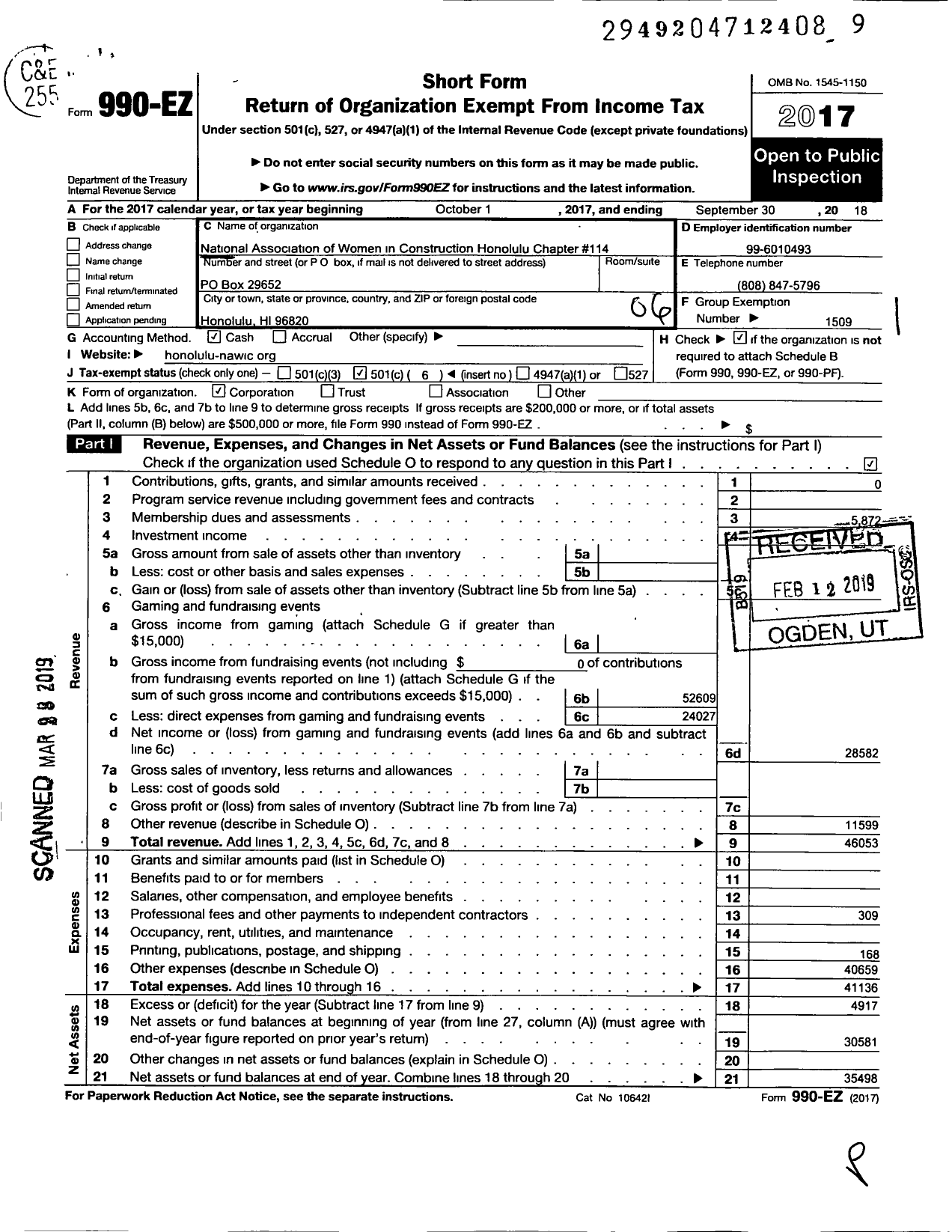 Image of first page of 2017 Form 990EO for National Association of Women in Construction - 114 Honolulu