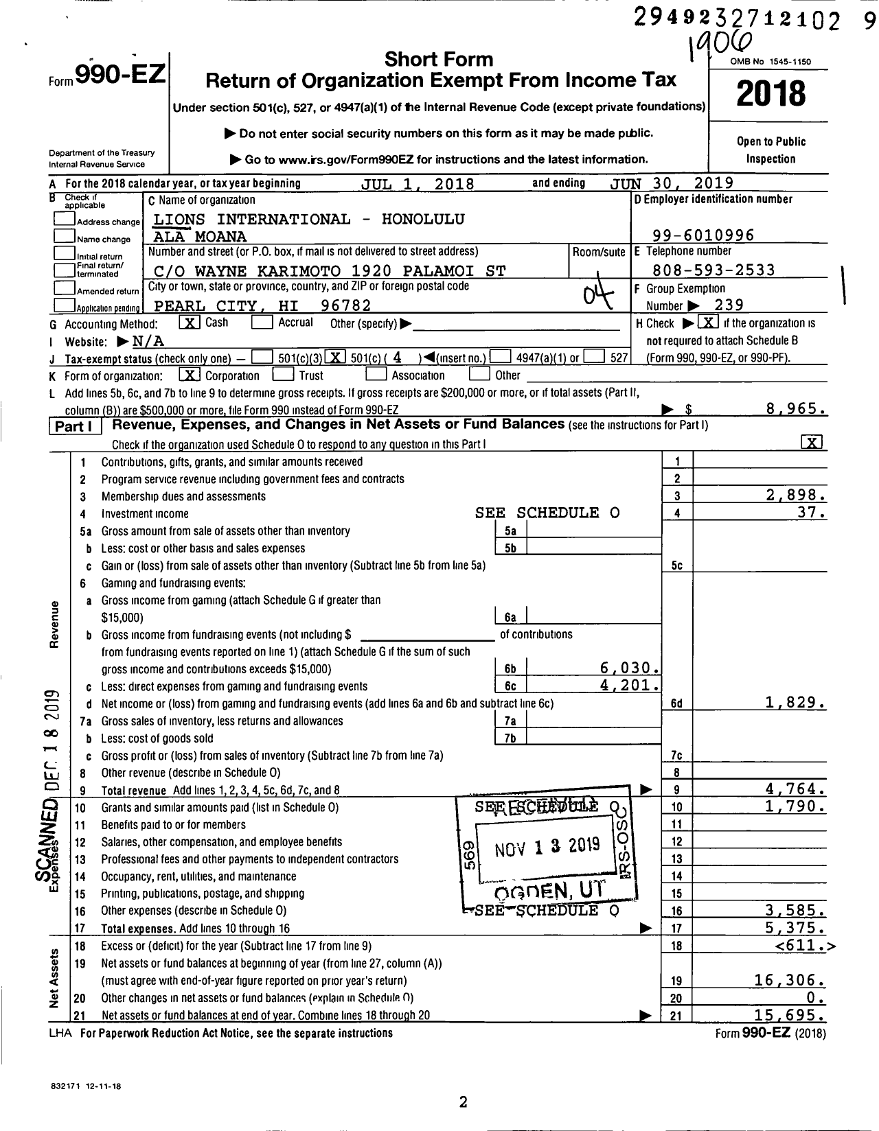 Image of first page of 2018 Form 990EO for Lions Clubs - 14320 Honolulu Ala Moana