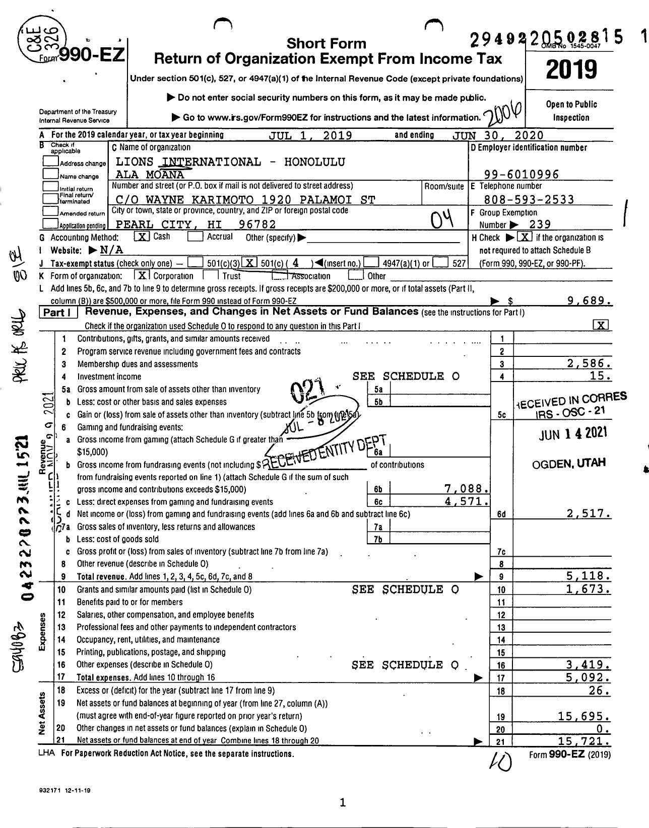 Image of first page of 2019 Form 990EO for Lions Clubs - 14320 Honolulu Ala Moana