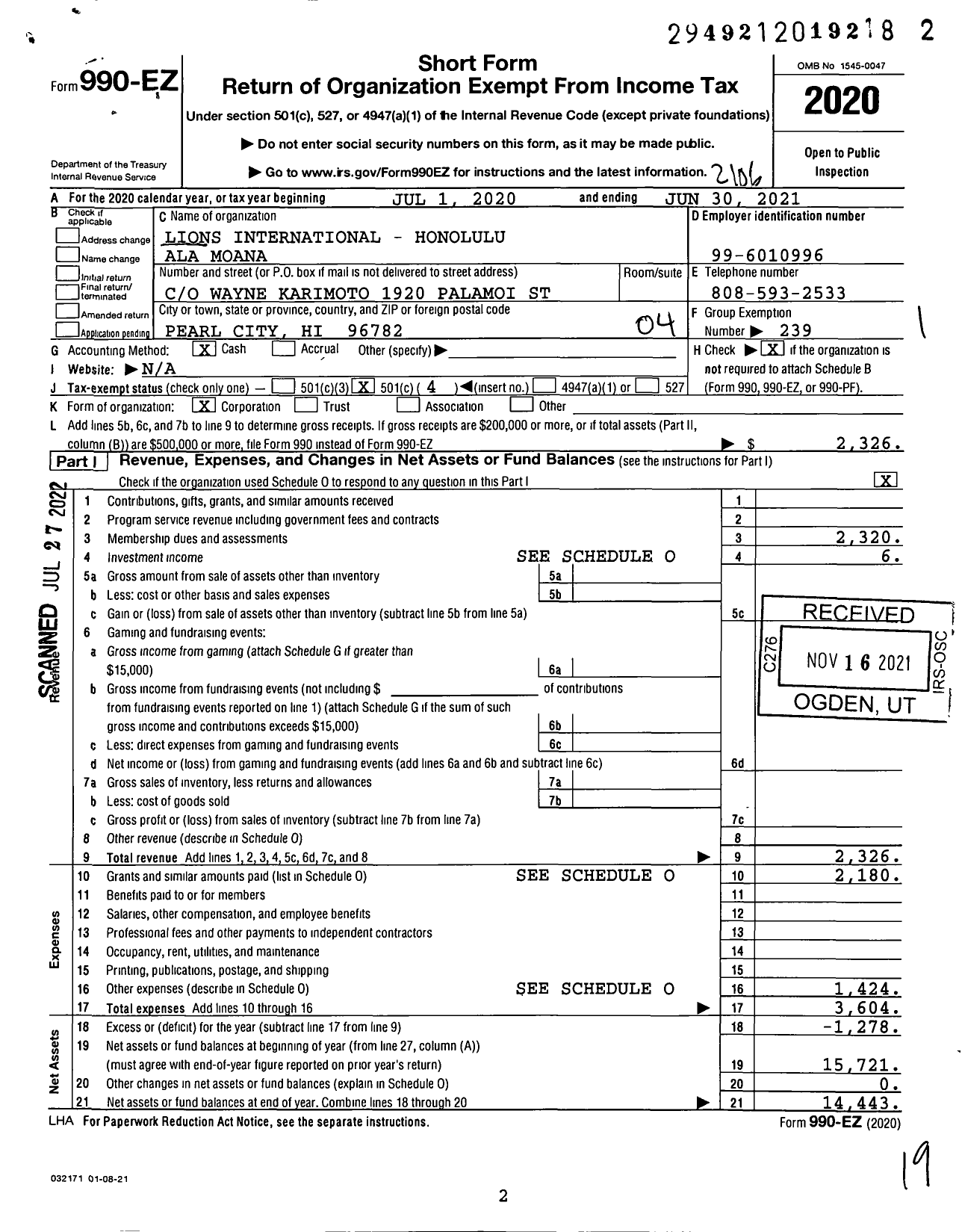 Image of first page of 2020 Form 990EO for Lions Clubs - 14320 Honolulu Ala Moana