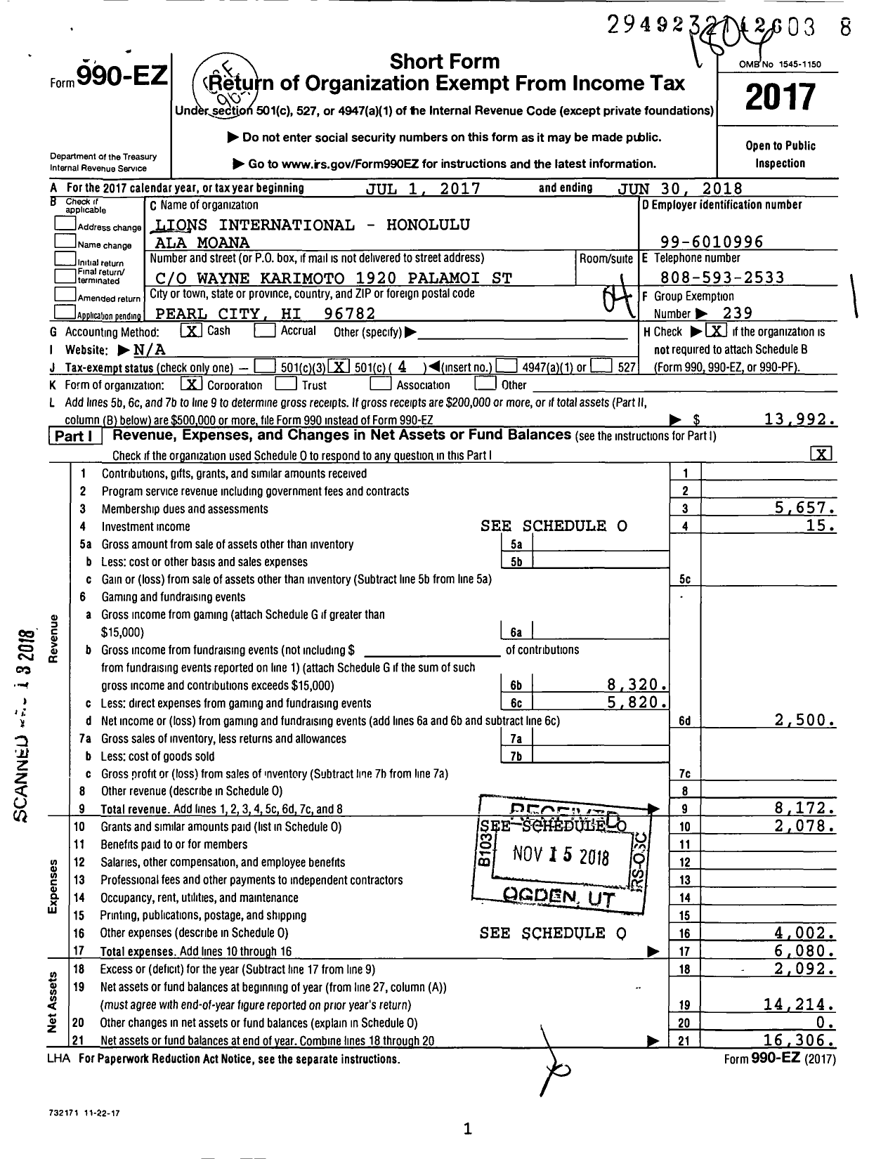 Image of first page of 2017 Form 990EO for Lions Clubs - 14320 Honolulu Ala Moana